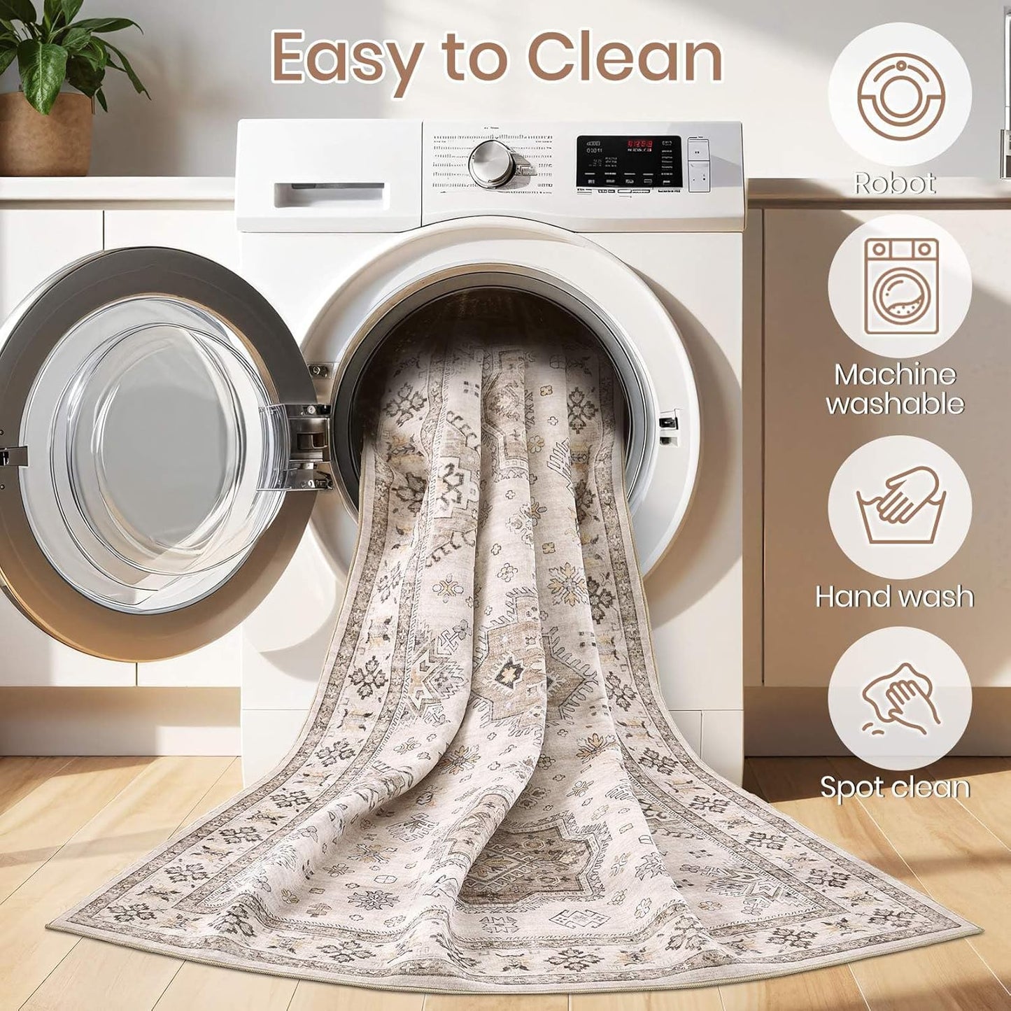 Washable Area Rugs for Living Room -10x13 Neutral Vintage Distressed Floral Farmhouse Boho Large Soft Floor Rug Indoor Non Slip Carpet for Living Room Bedroom Dining Room Office-Beige Brown