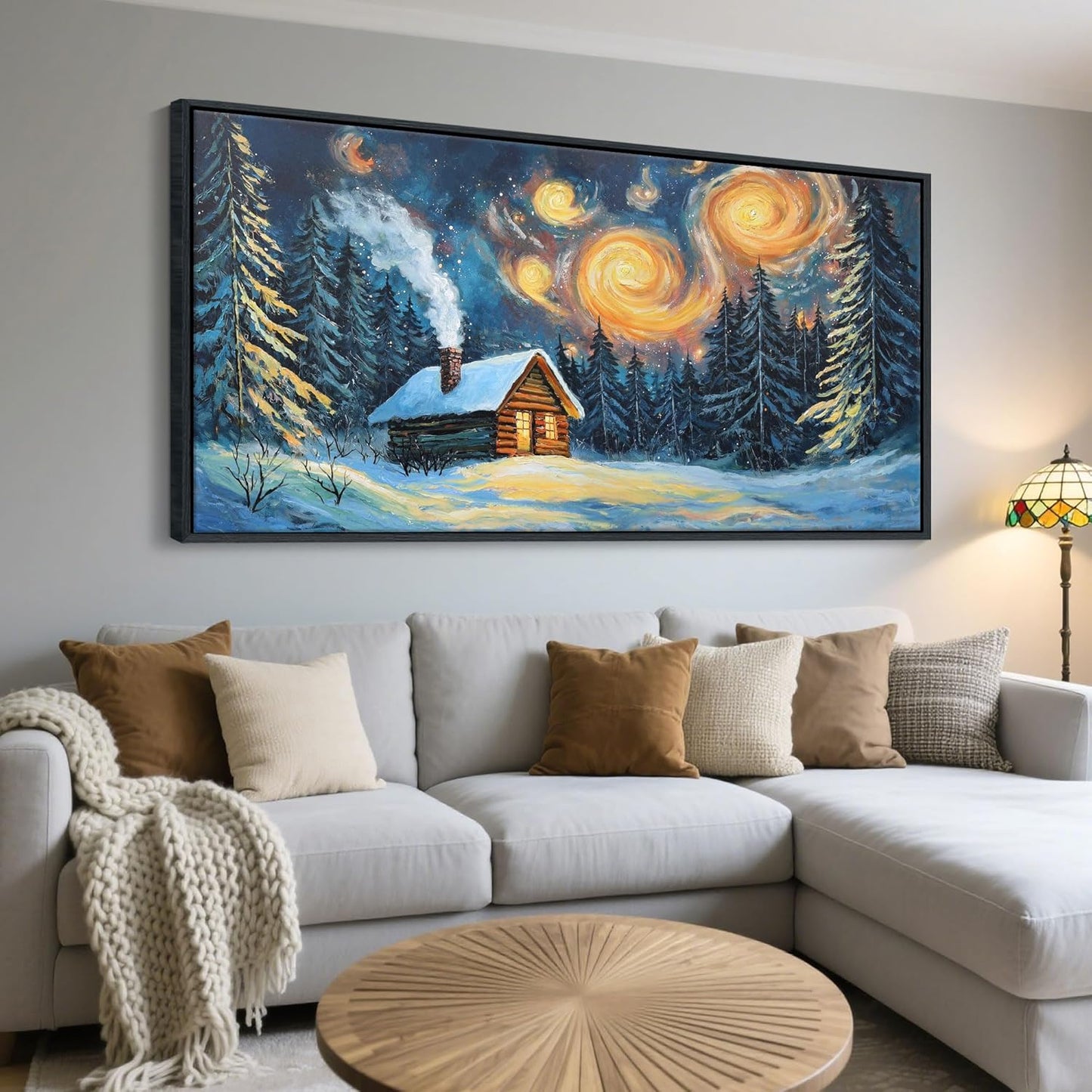 QZQCBLC Vintage Forest Wall Art, Large Farm Hut Landscape Pictures White Snow Green Trees Orange Clouds Abstract Painting Framed Artwork for Living room Bedroom kitchen Home Office Decor 24x48 IN