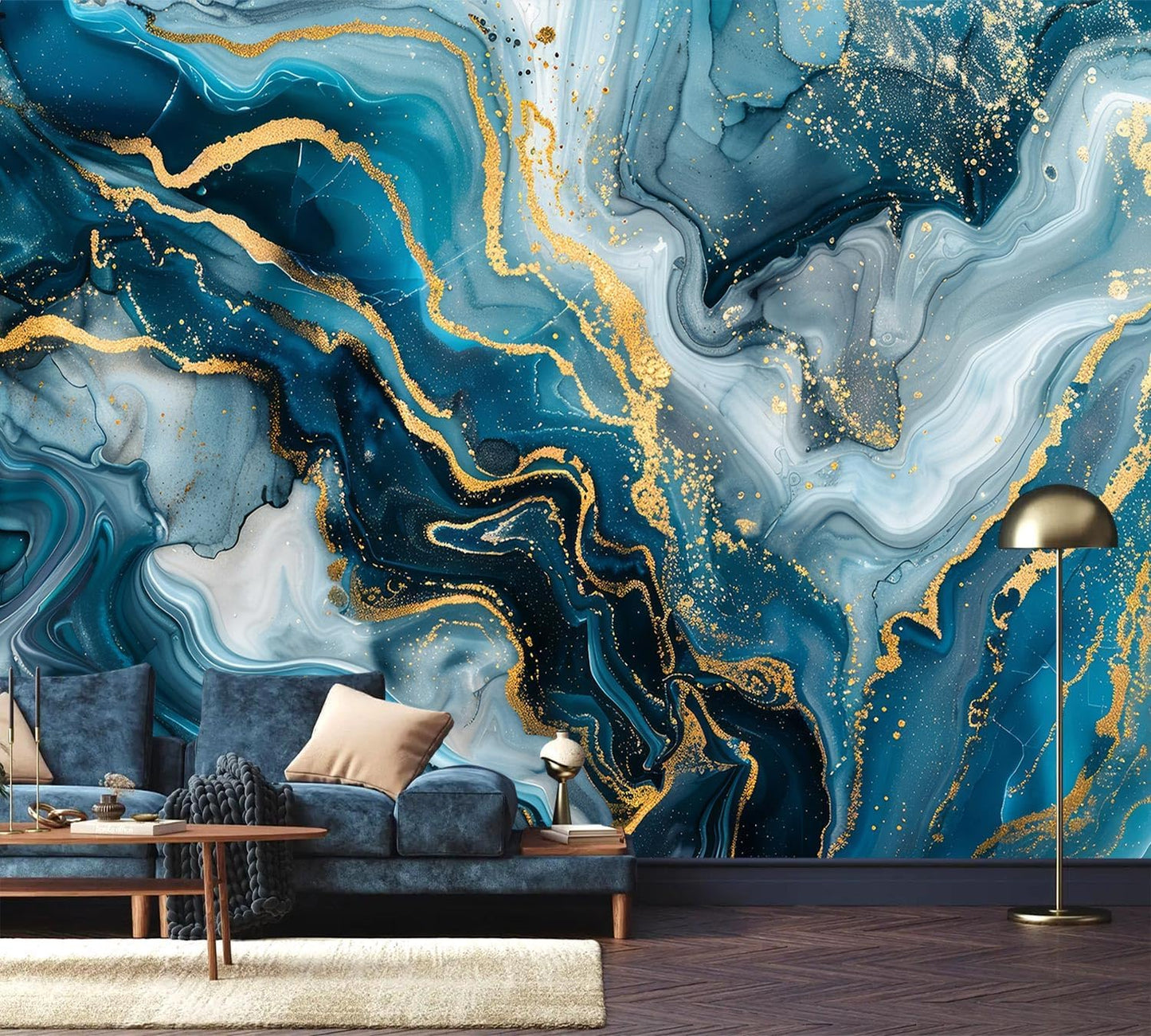 AFZEVEB-Blue and Gold Marble Wallpaper Abstract Art Wall murals for Bedroom 159"x107" (Not Peel and Stick)
