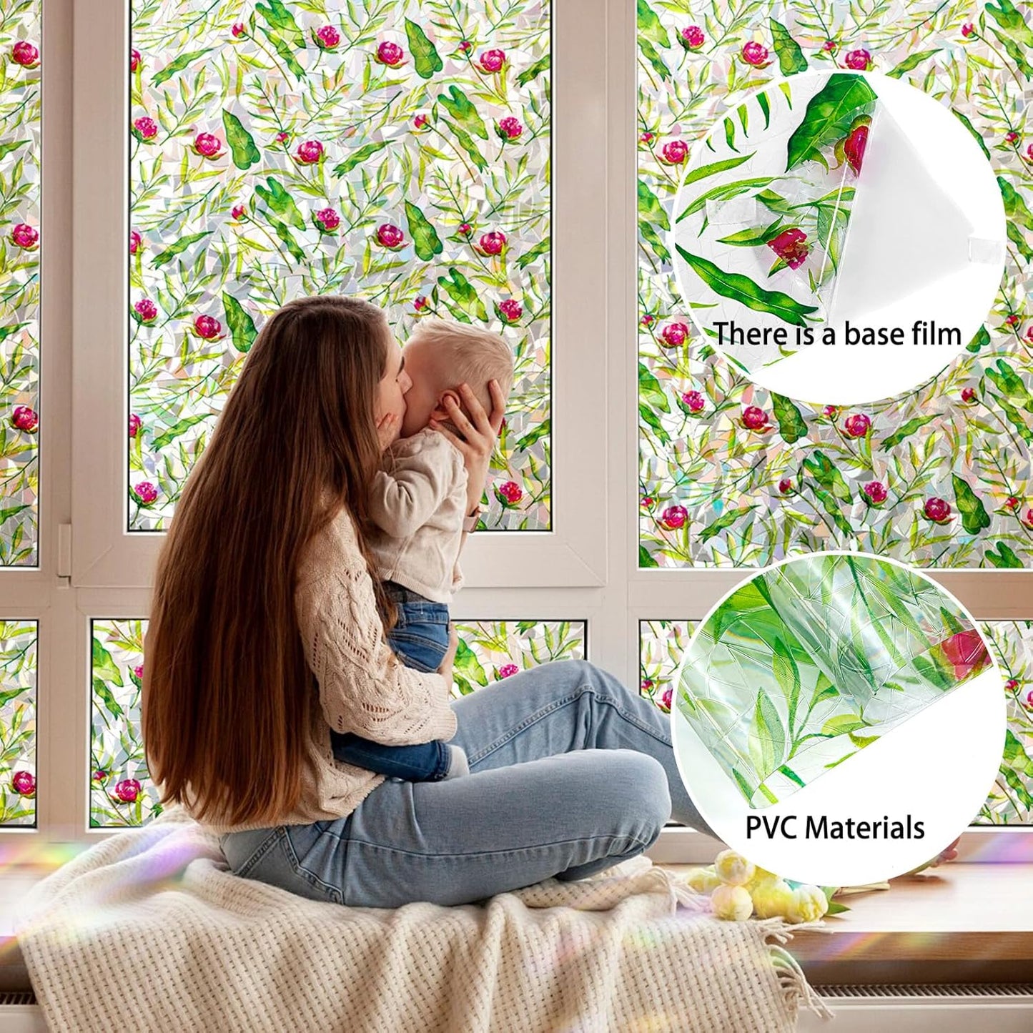 Rainbow Window Privacy Film 3D Floral Decorative Stained Glass Window Film Anti UV Non-Adhesive Reusable 17.5" x 78.7" for Home Room Car Glass Cling