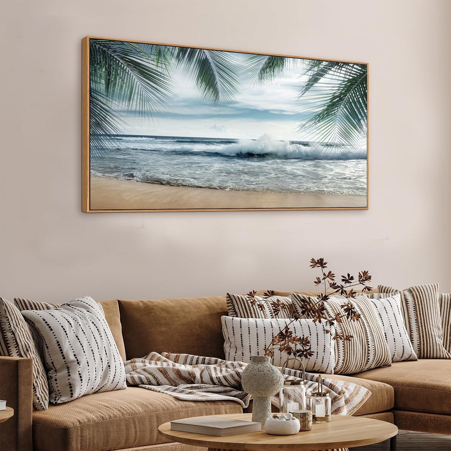 Framed Tropical Beach Wall Art - Ocean Waves Canvas Pictures Coastal Blue Sky and Sea Print Seaside Palm Tree Leaves Scene Painting Artwork Living Room Bedroom Office Home Decor 24" x 48"