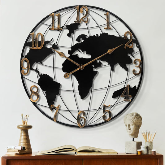 Extra Large World Map Wall Clock - 40 Inch Minimalist Modern Round Metal Silent Non-Ticking Battery Operated for Living Room Office Farmhouse Home Decor