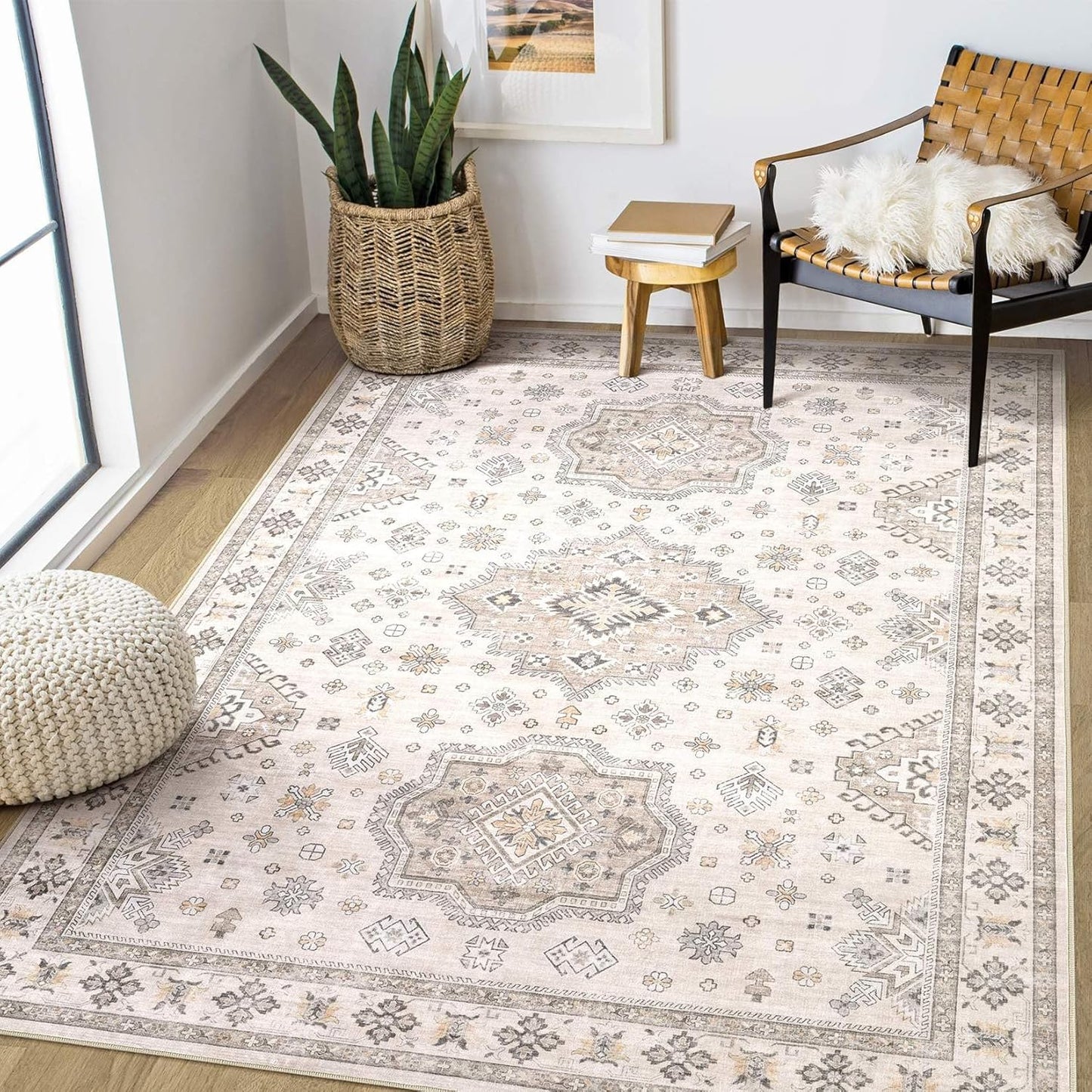Washable Area Rugs for Living Room - 5x7 Neutral Vintage Distressed Floral Farmhouse Boho Large Soft Floor Rug Indoor Non Slip Carpet for Living Room Bedroom Dining Room Office - Beige Brown