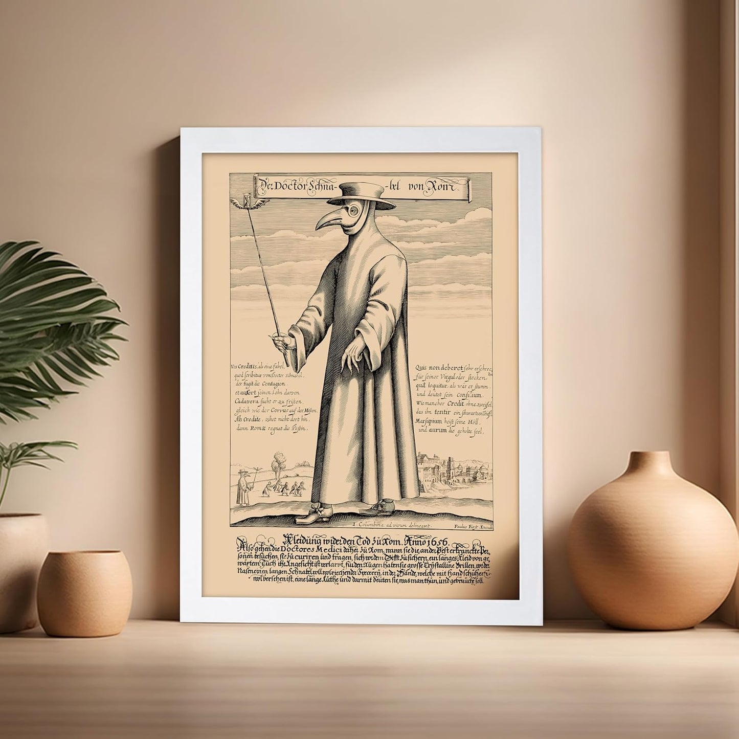 Poster Master Vintage Medieval Poster - Retro Illustration Print - Gift for Friend - Plague Doctor, Pandemic Mask, Physician, Black Death - Wall Decor for Home, Living Room, 16x20 White Framed