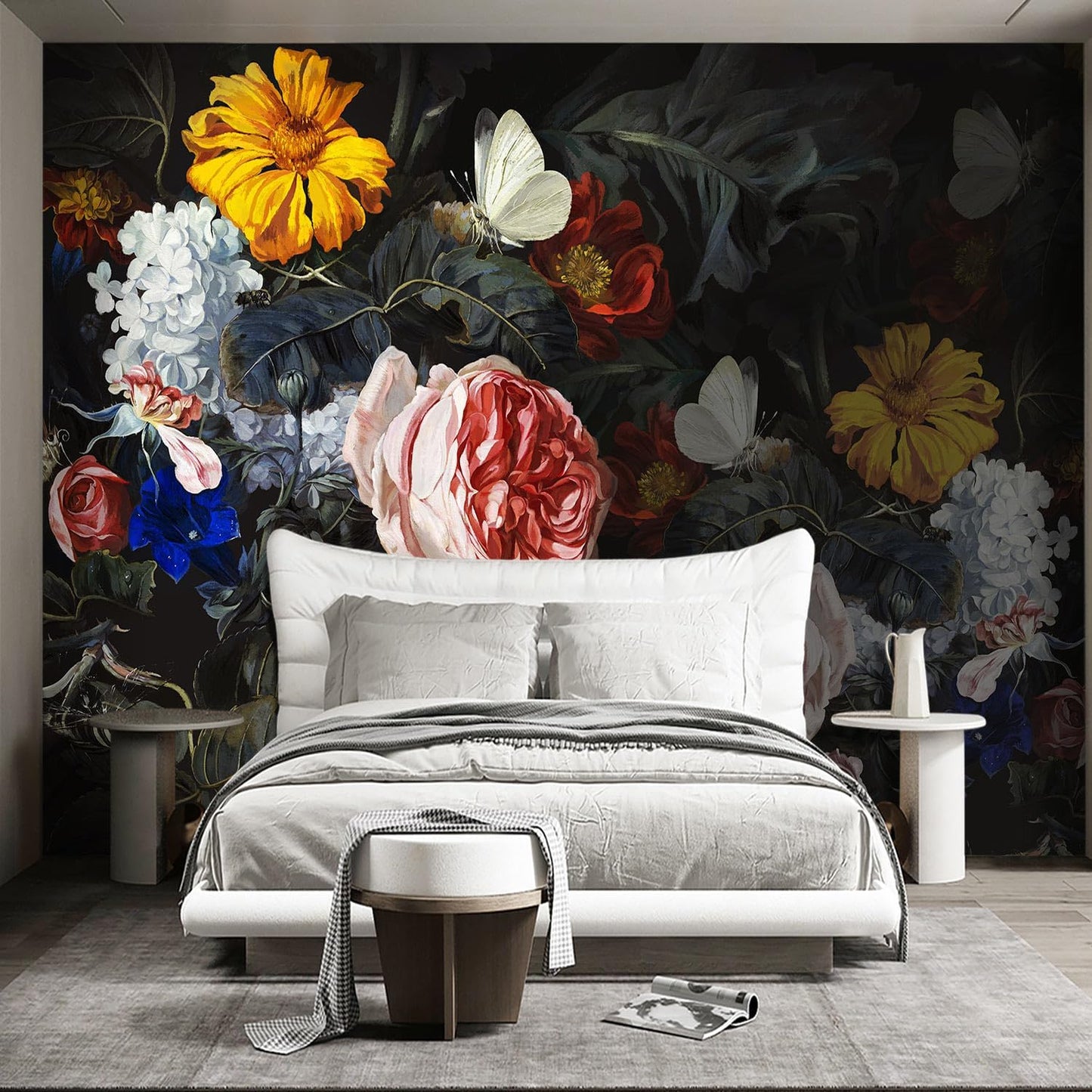 Vintage Black Flowers Mural Bedroom Peony Floral Wallpaper Room Decor Living Room tv Background Large Wall Mural - 160"x108" (Not Peel and Stick)