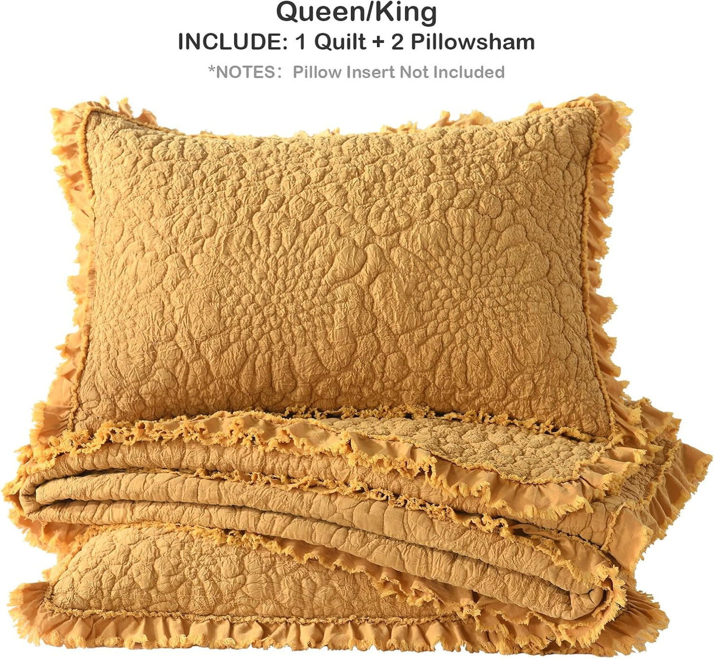 HORIMOTE HOME Yellow Ruffled Quilt King Size, Stone-Washed Microfiber Lightweight Crinkled Farmhouse Rustic Shabby Chic Bedding Set, 3 Pieces Reversible Bedspread with Pillow Shams for All Season