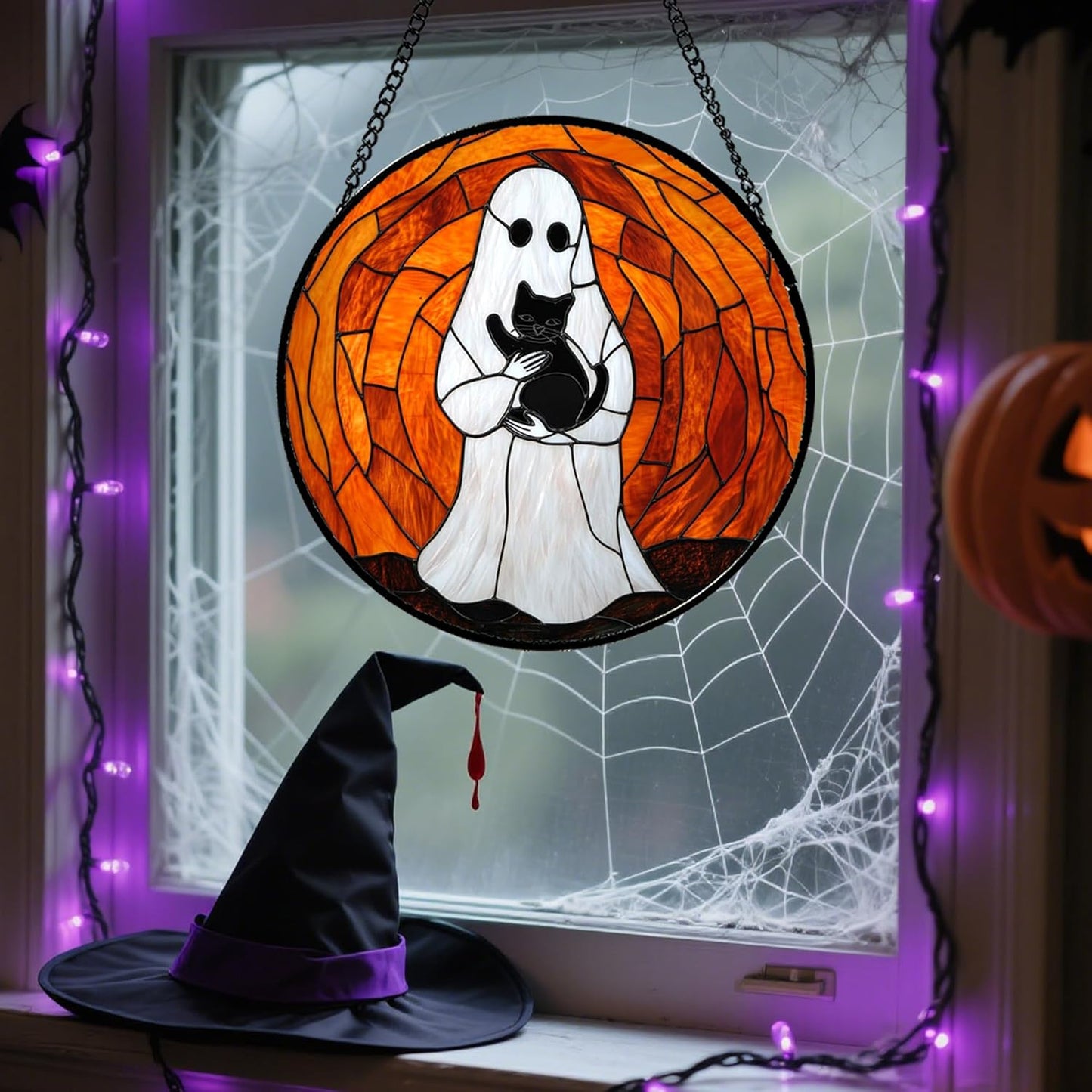 Stained Glass Window Hanging - Halloween Cute White Ghost Black Cat Suncatcher for Doors Garden Home Spooky Orange Sun Catchers Gothic Decor Horror Gift for Women Men Friend Boy Girl 11.8 in