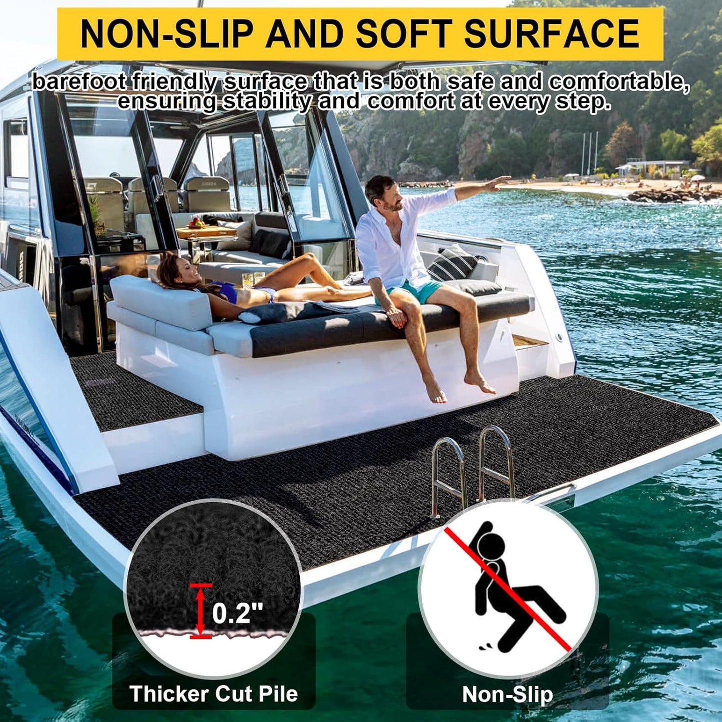 Marine Carpet - 6 FT x 10 FT Black Indoor Outdoor Rug (0.2" Thick) with Water-Proof TPE Backing, Non-Slip Outdoor Marine Carpet Roll for Home, Patio, Porch, Deck