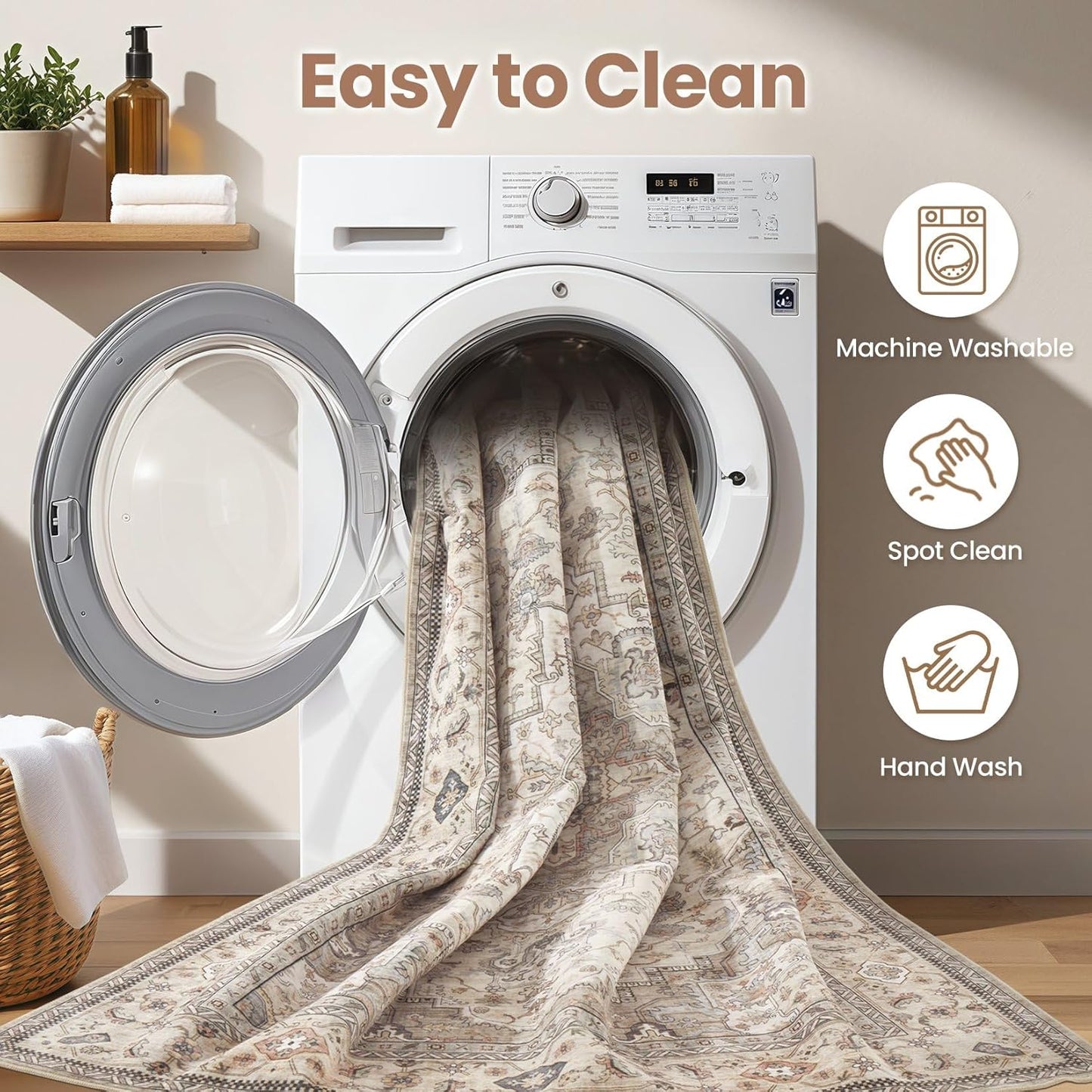 Washable Area Rugs for Living Room - 10x14 Neutral Vintage Distressed Floral Farmhouse Boho Large Soft Floor Rug Indoor Non Slip Carpet for Bedroom Dining Room Office - Brown/Multi