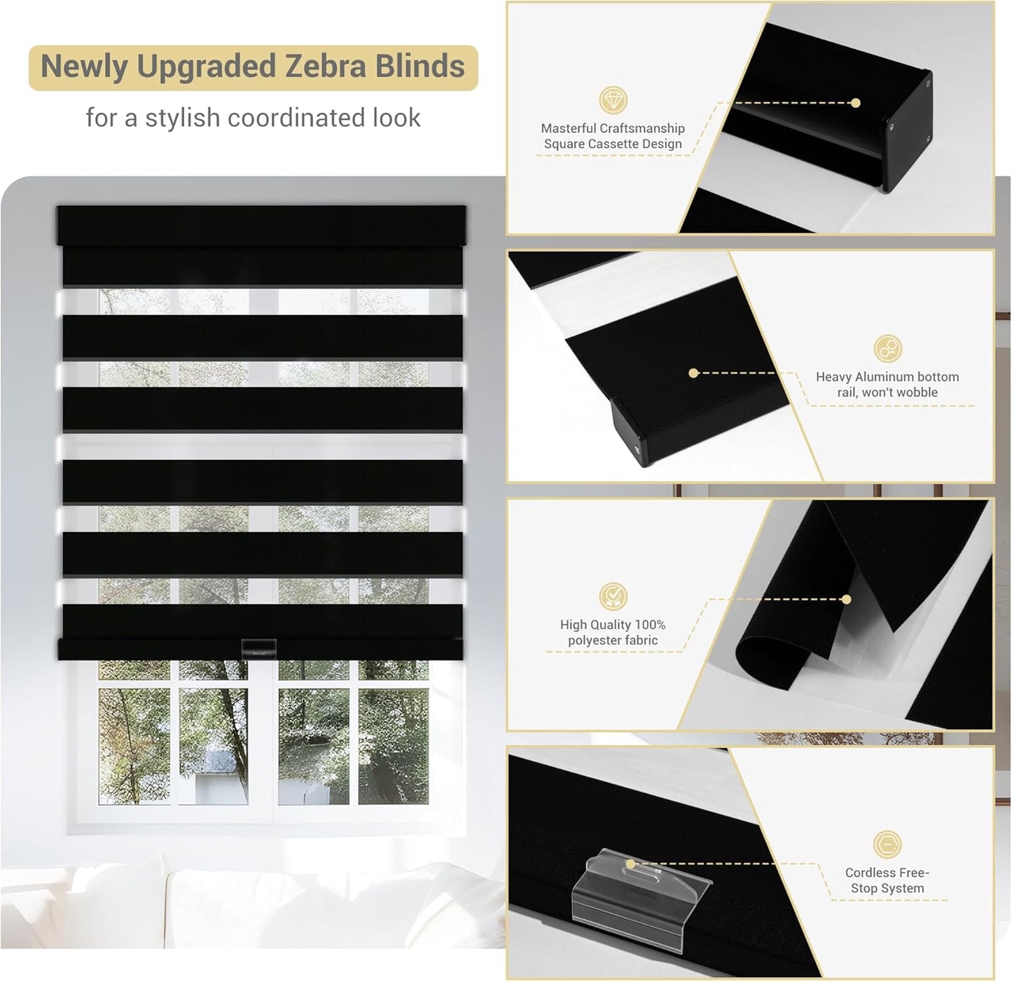 Cordless Zebra Blinds for Windows, Blackout Interior Blinds,Easy to Install,UV Protection,for Offices and Home,Custom Roller Shades, Solid Black, 53" W x 56" H