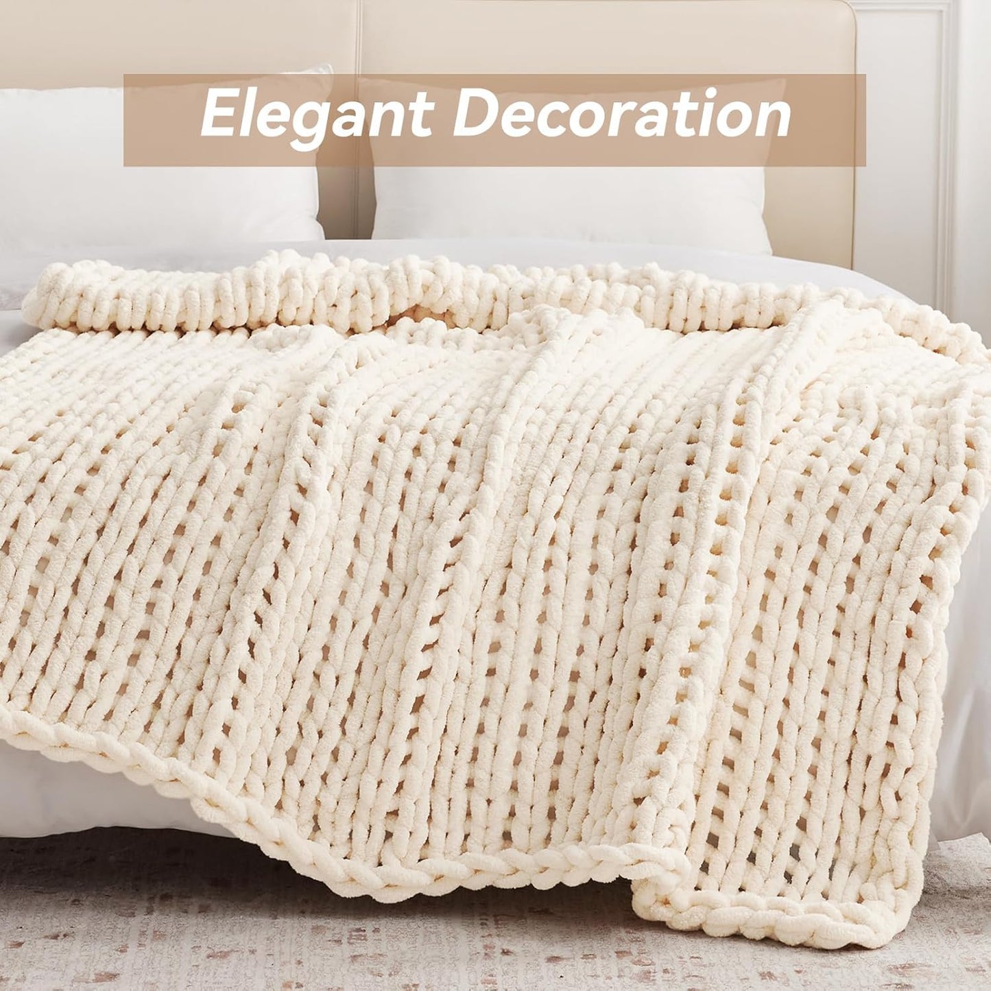 Chunky Knit Throw Blanket, 30''*40'' Knitted Throw Chenille Yarn for Bed Couch, Handmade Cream Crochet Big Thick Blanket, Machine Washable Cute Comfy Blanket for Home Decor