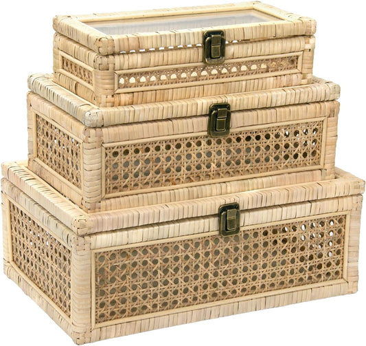 Rattan Decorative Boxes with Glass Lids, Set of 3 Sizes Boho Natural Hand-woven Cane Home Decor Organizers Storage Bins, Display Boxes Natural Finish