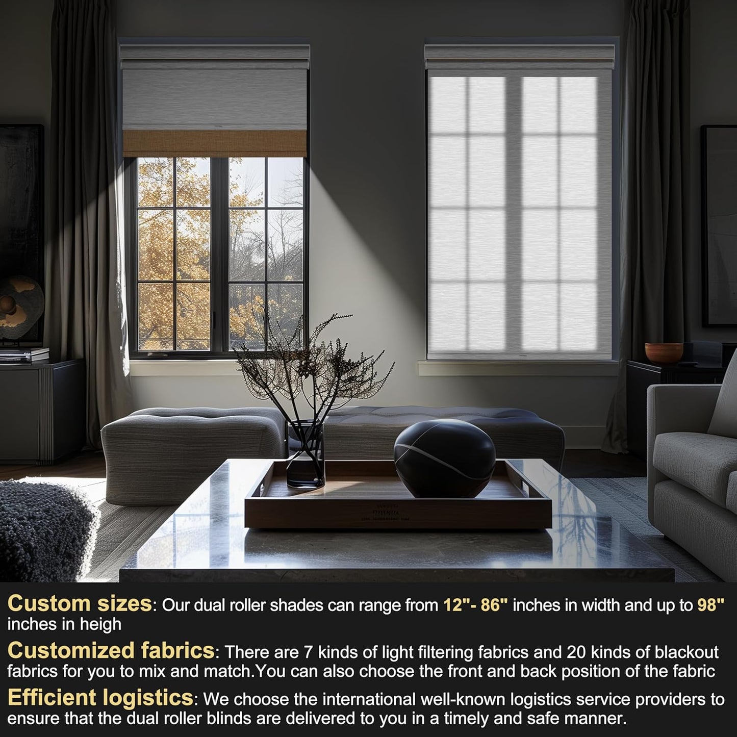 BERISSA Dual Roller Shades with Cassette Valance, Blackout and Light Filtering Shades for Home Office Door. Linen Beige and White. 37 W x 64" H