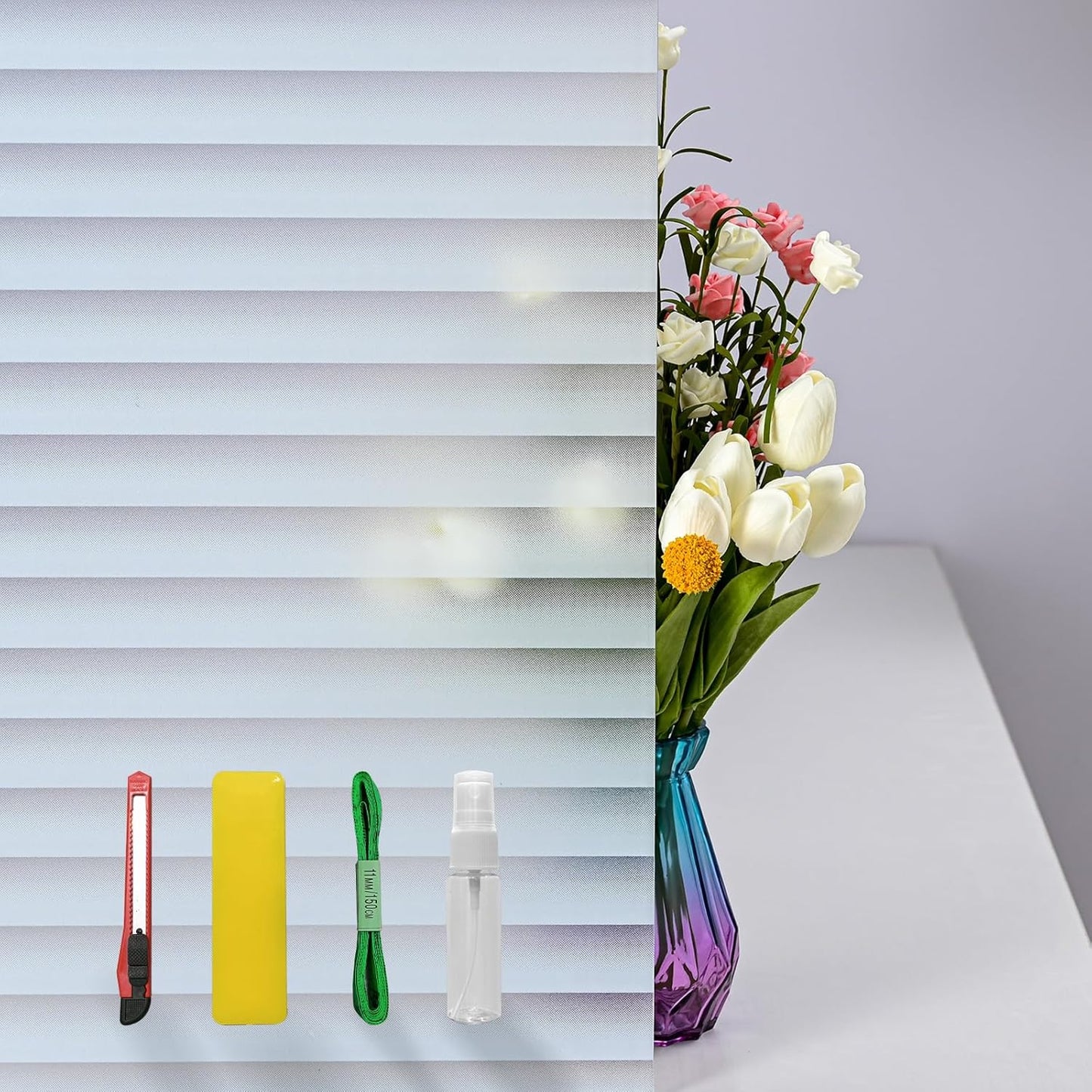 Window Privacy Film with Installation Tools, Blinds Pattern, Static Cling, Anti UV, Heat Control, Ideal for Home Shower Office Glass Door (Blinds Pattern, 35.4X157.4Inch)