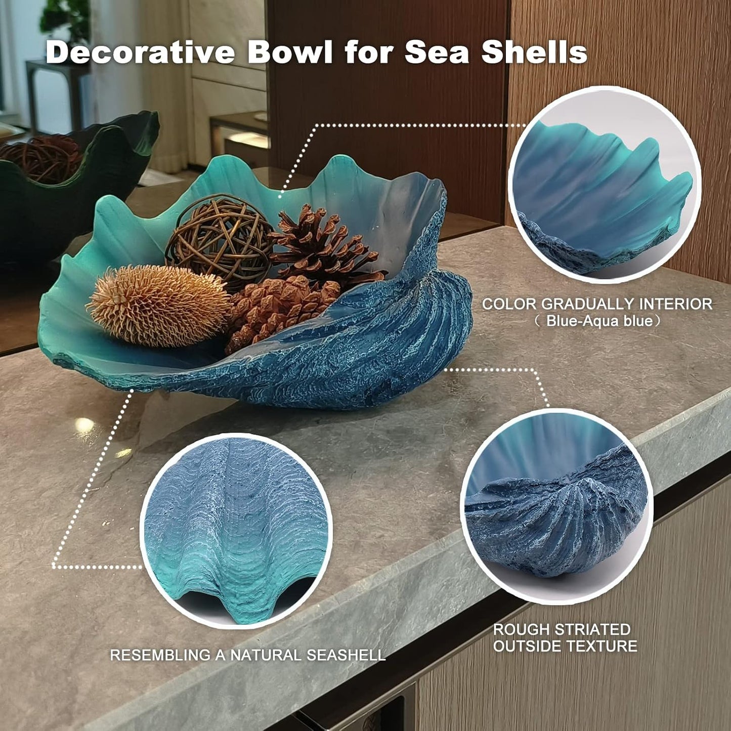 Large Caribbean Blue-Aqua Sea Shells Decorative Bowl Resin Clam Shell Bowl Beach Decorations for Home Coastal Beach Decor Decoration Storage Bowls&Home Office Nautical Themed Party Decor-10.2"-1PC