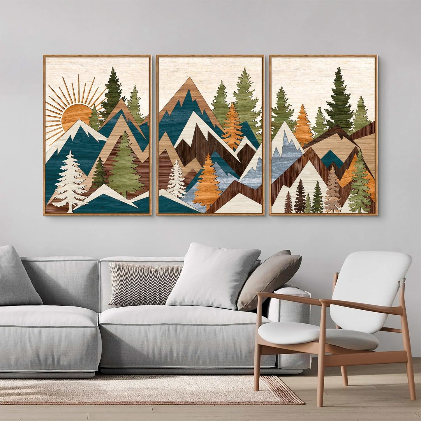Tinonedraw Large Metal Mountain Framed Canvas Wall Art of 3, Boho Rustic Sunrise Forest Wall Decor, Modern Nature Country Artwork, Vintage Wilderness Art Print for Living Room Bedroom Office 16"x24"
