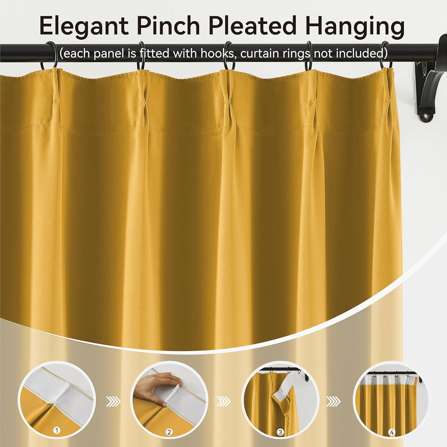 KangBang Gold Yellow Long Curtains 120 Inches Long, Pinch Pleat Blackout Curtains for Living Room Soundproof Sliding Door Vertical Window Panels for Traverse Rod with Hooks,2 PCs,40Wx120L