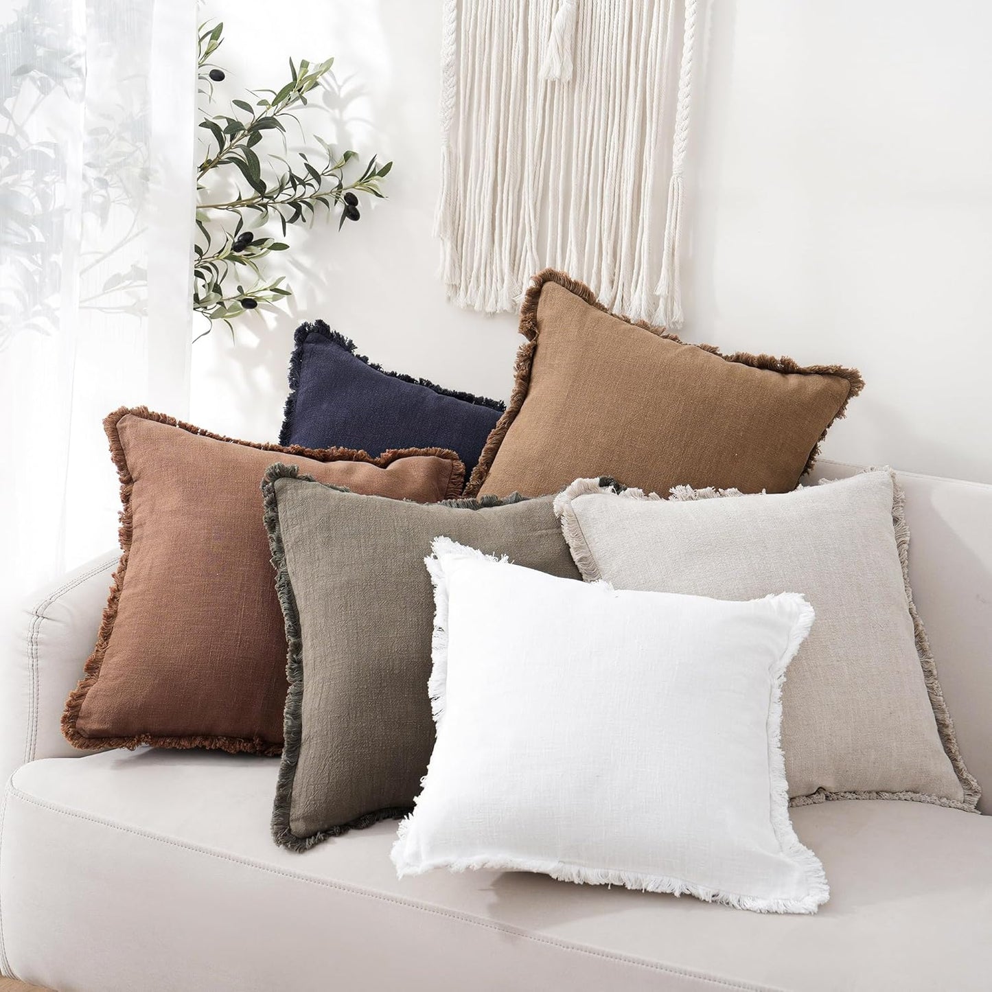 Foindtower Set of 2 Decorative Linen Fringe Throw Pillow Covers Cozy Farmhouse Boho Cushion Cover with Tassels Soft Accent Pillowcase for Couch Sofa Bed Living Room Home Decor 20×20 Inch Khaki Brown