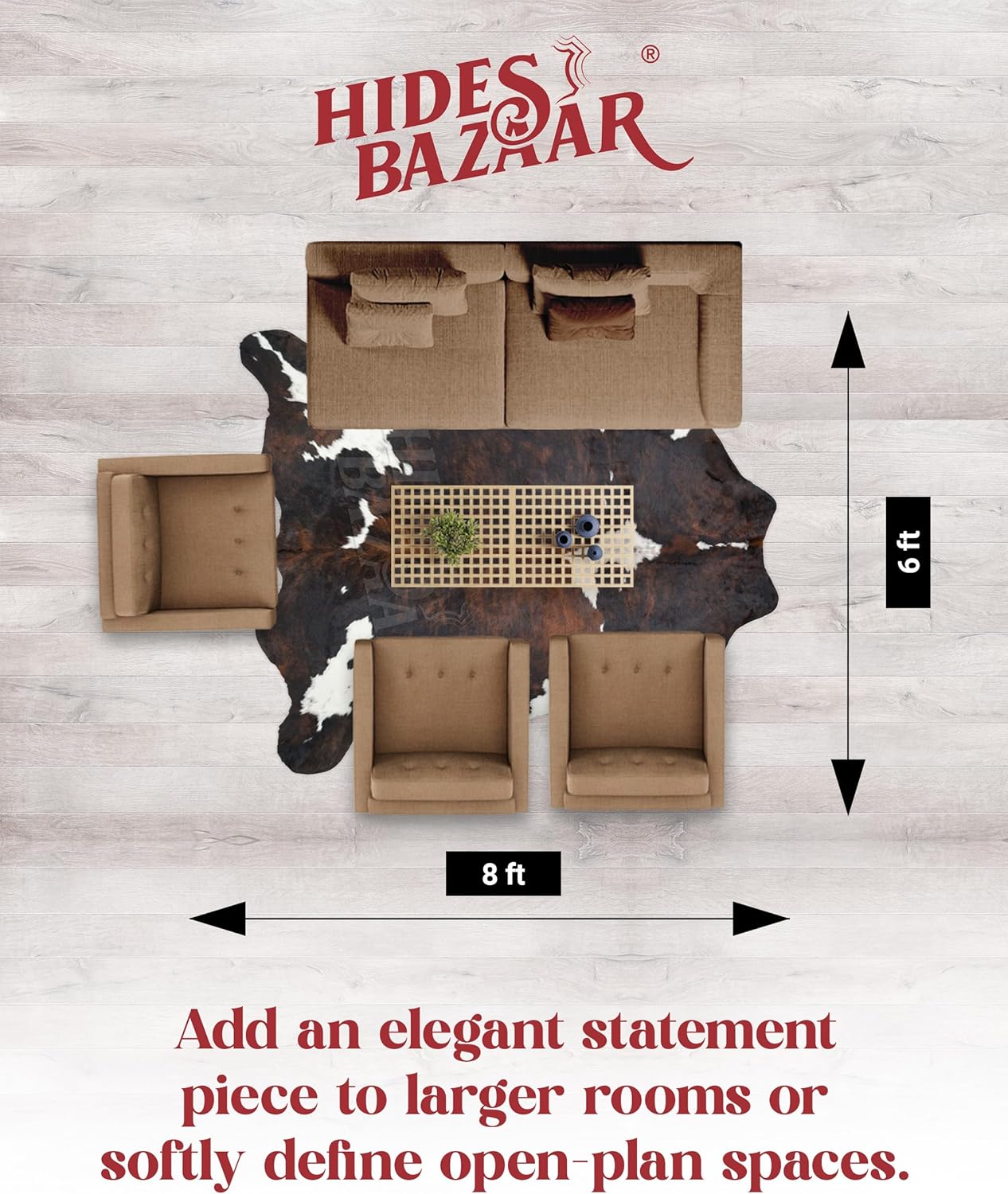 Natural Cowhide Rug for Home & Office Premium Dark Tricolor Cowhide Rug with Unique Dark Brown, Black & White Patterns- Cow Hide Rugs Made with Tanned Leather - Cow Hide Rugs 6x7-8 ft