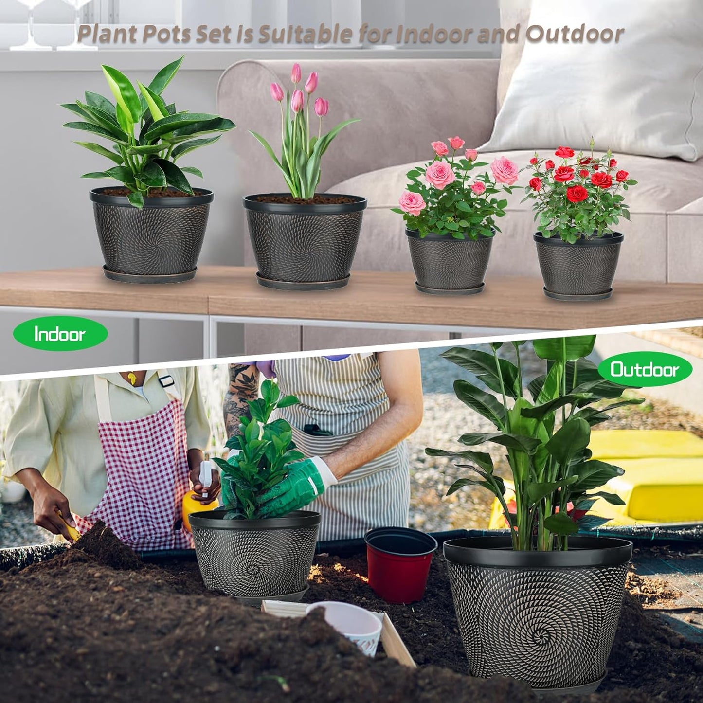 Quarut 12 Inch 4 Pack Large Plant Pots, Plastic Flower Pot for Indoor & Outdoor with Drainage Holes & Saucer, Circle Pattern Planters Garden Pots for Herbs