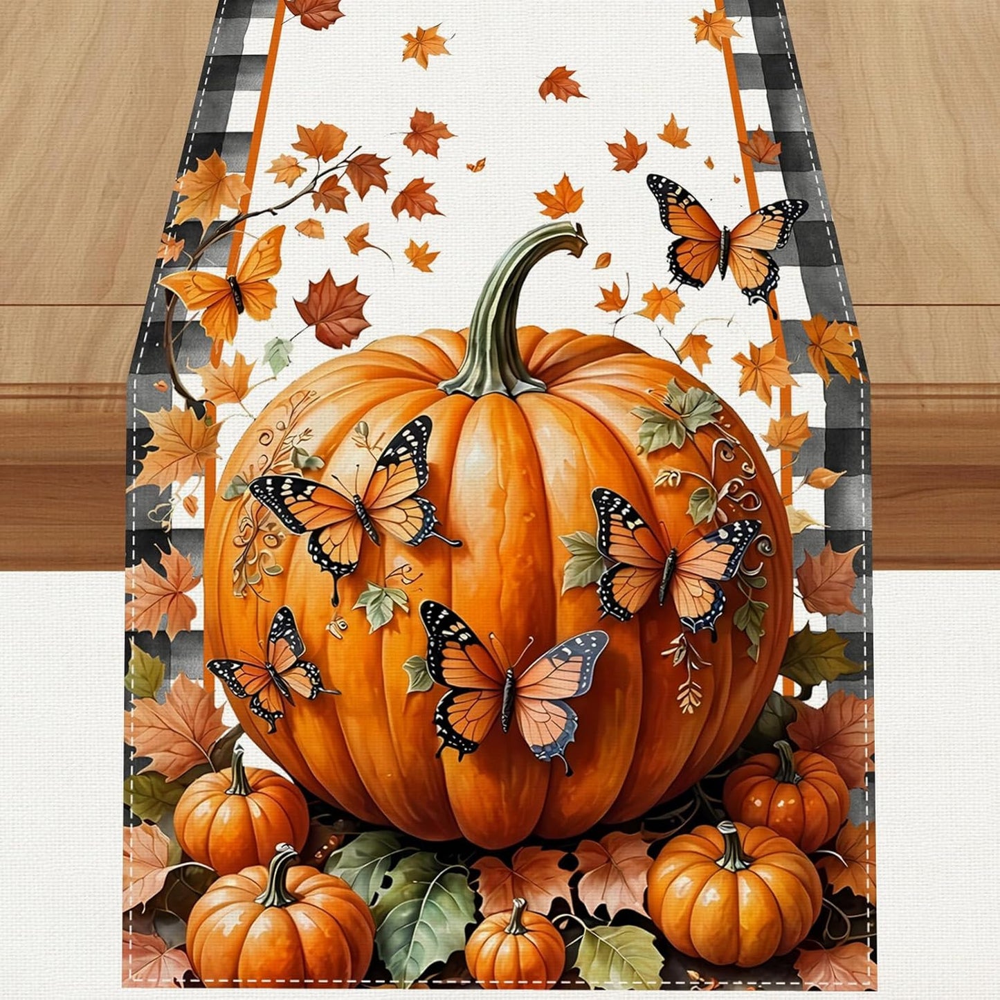 Linen Black and White Buffalo Check Plaid Fall Table Runner 60 Inches Long, Fall Leaves Pumpkin Butterfly Home Kitchen Table Decor, Farmhouse Autumn Thanksgiving Harvest Festival Decorations for Home