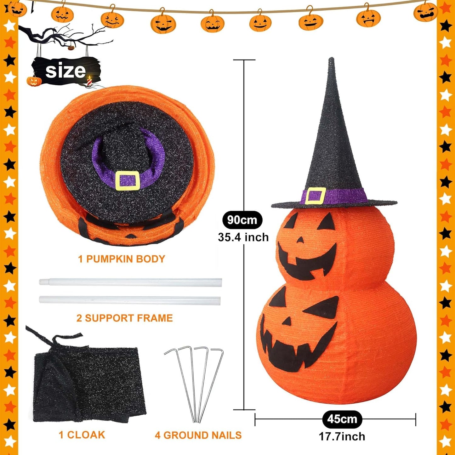 3FT Halloween Collapsible Pumpkin Decoration, 50 LED Pop-Up Pumpkin Lamp with Star Cap, Plug in Halloween Jack-O-Lantern with Metal Stand for Indoor Outdoor Garden Patio Party Decor