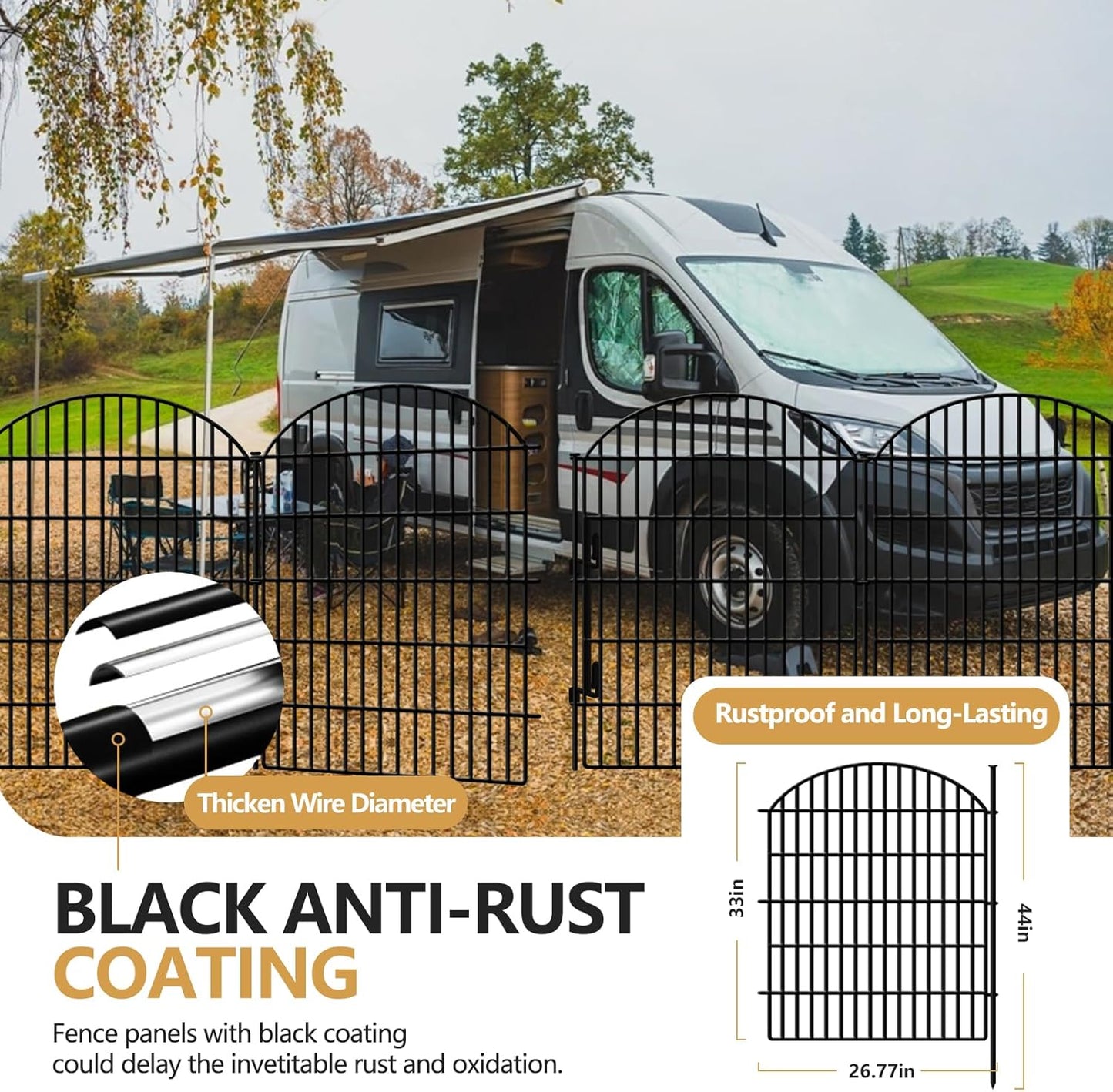 10 Panels Decorative Garden Fencing with Lock, 33in (H) x 21.92ft (L) No Dig Dog Fence Outdoor for Yard, Animal Barrier Rustproof Metal Temporary Panel Border for Rabbit, Dog and Patio Camping