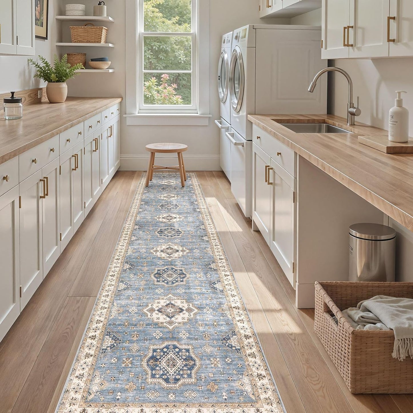 Washable 2.6x12 Runner Rug - Area Rugs Neutral Vintage Distressed Floral Farmhouse Boho Large Soft Floor Rug Indoor Carpet for Hallway Entryway Kitchen Home - Blue