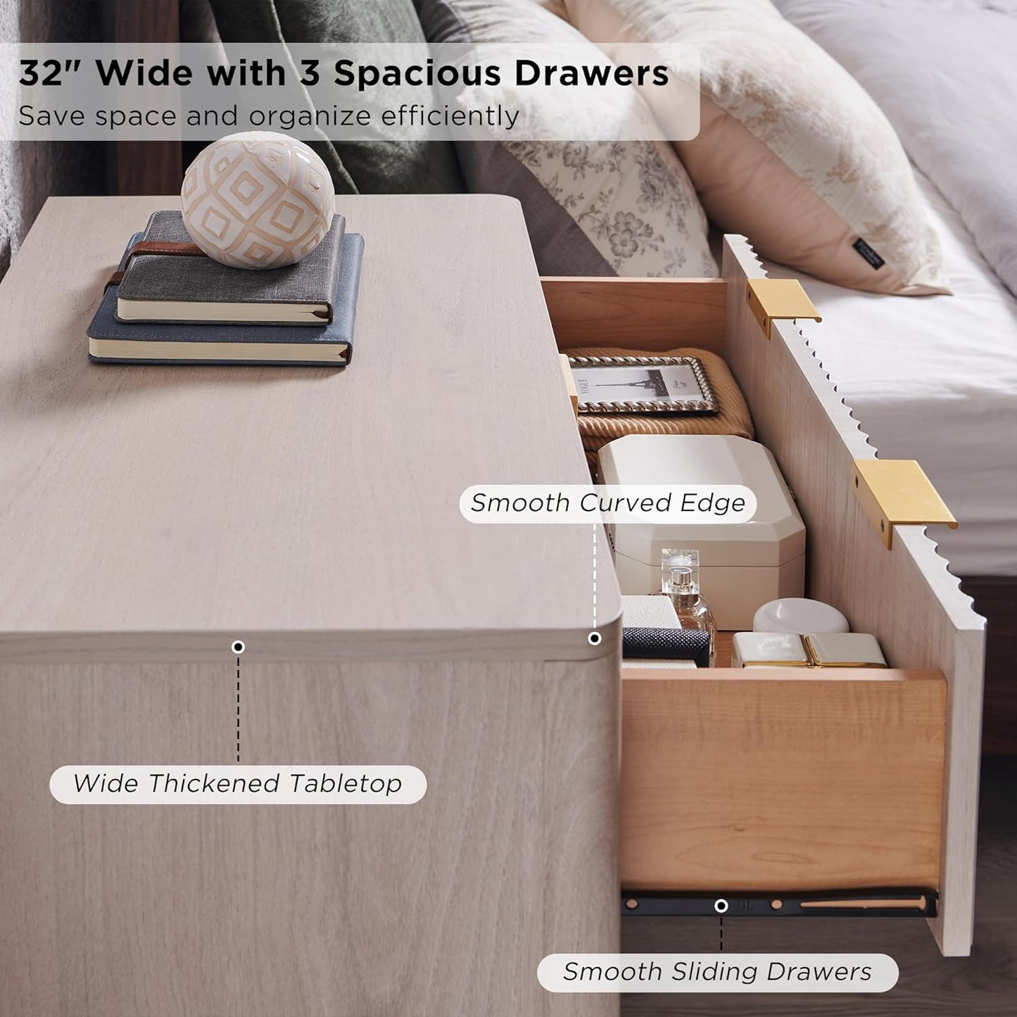 T4TREAM 32" Tall Fluted Nightstand Set of 2, Modern Side Table with 3 Drawers, End Table w/Storage, Bedside for Bedroom, Living Room, Curved Profile Design, White Alder