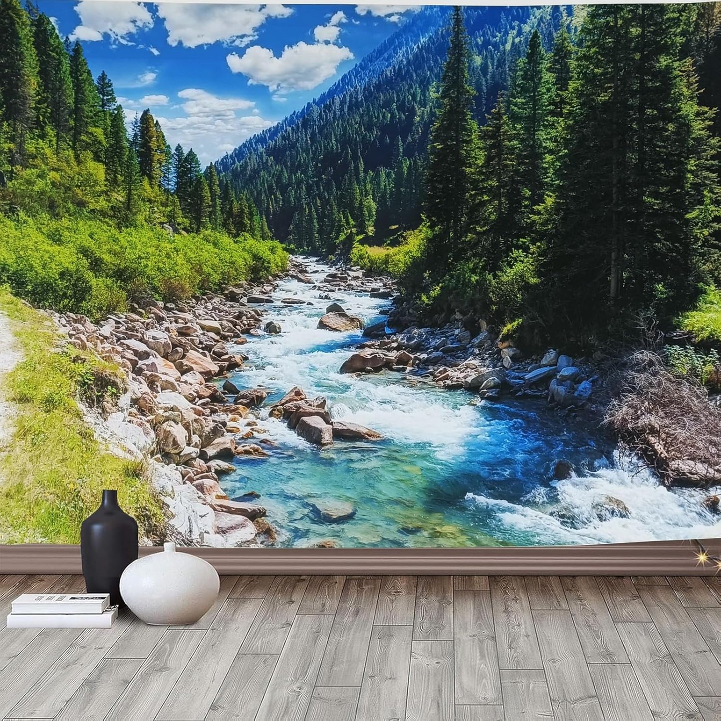 Nature Forest Mountain Tapestry Green Pine Tree Stream Tapestry White Clouds Flowing River Valley Landscape Scenery Tapestries Wall Hanging for Bedroom Dorm Living Room Office Classroom 47 x 35 Inch