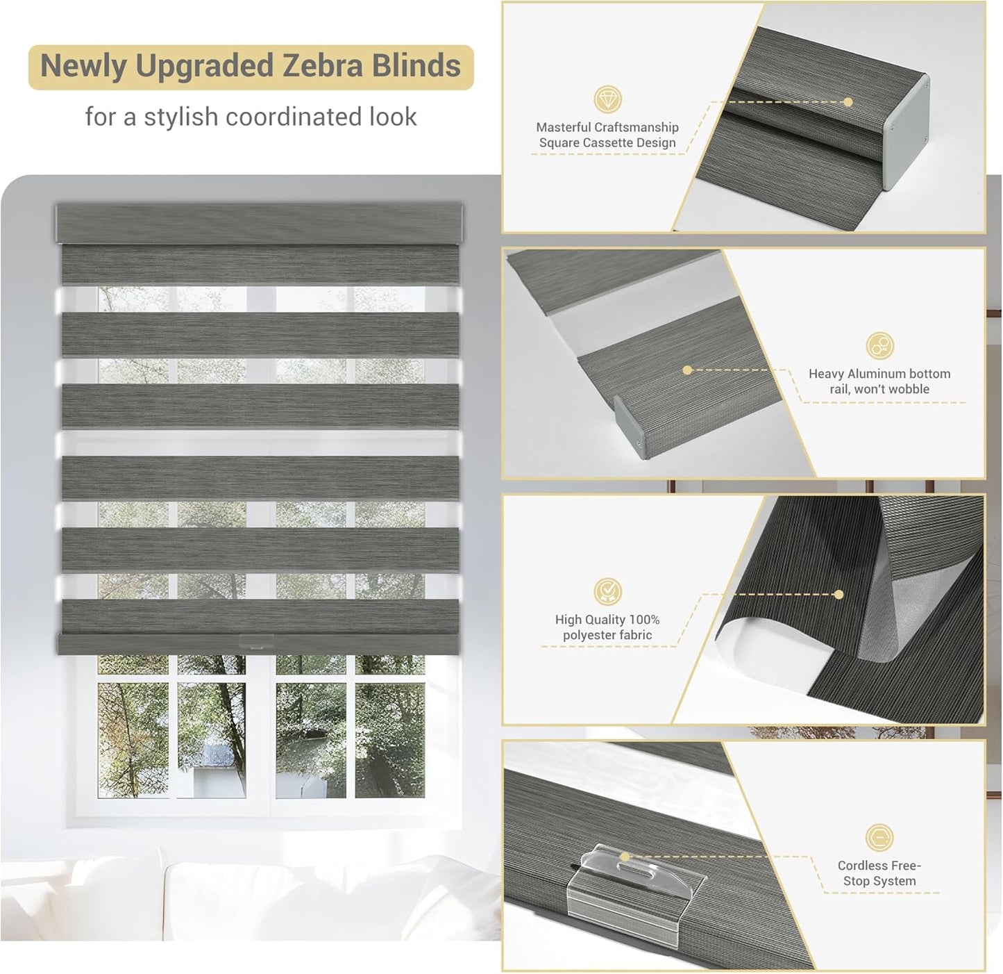 Cordless Zebra Blinds for Windows, Blackout Interior Blinds,Easy to Install,UV Protection,for Offices and Home,Custom Roller Shades, Mousse Grey,57" W x 36" H