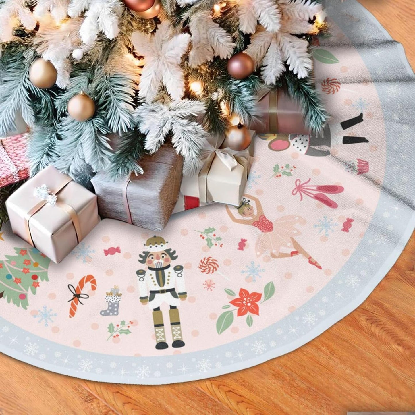 36" Cute Nutcracker Christmas Tree Skirt, Pink Sweet Candy Snowflakes Tree Mat Base Cover for Xmas Festive Holiday Party Decoration Ornaments