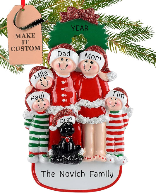 Personalized Family of 5 with Dog Ornament 2025 | Free 24h Customization | Christmas Ornaments for Tree | Custom Gift Wrapped Black Pet Keepsake for Dog-Lovers