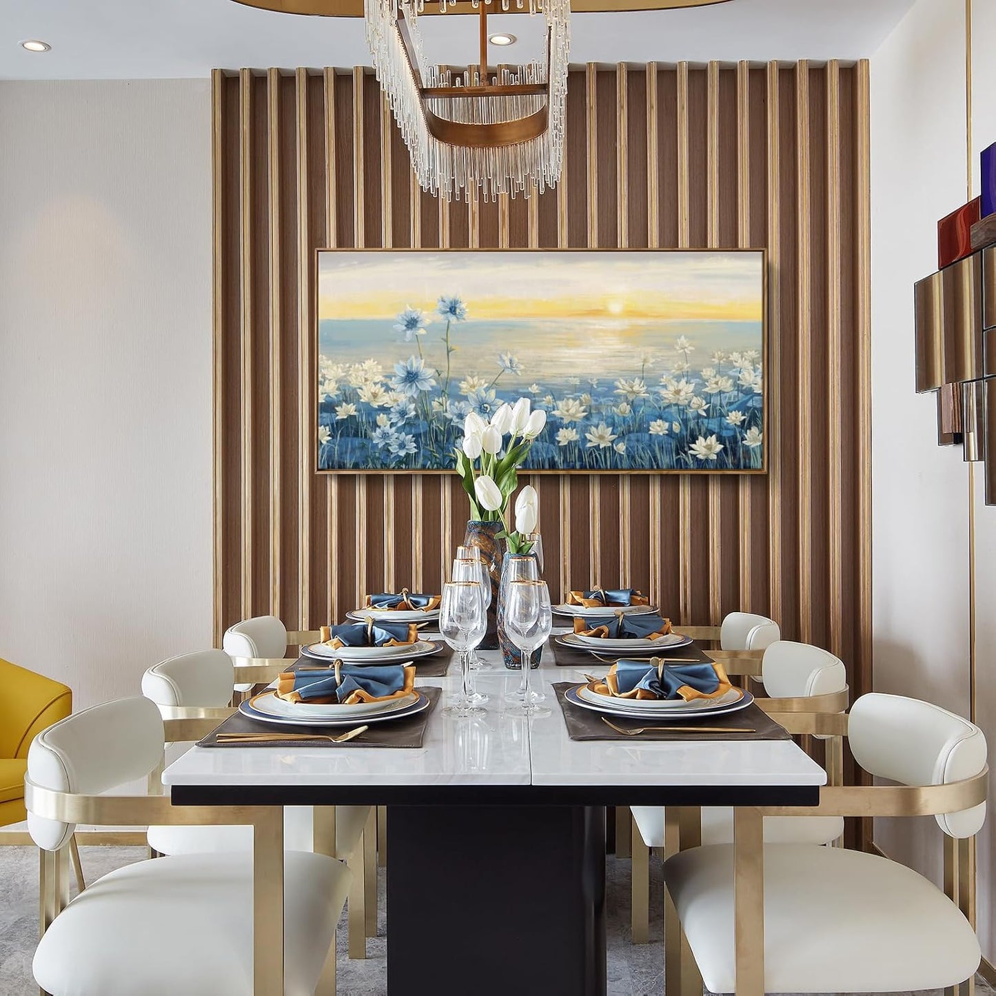 Large Framed Wall Art for Living Room Bedroom Office Decor, Modern Beach Canvas Wall Art Coastal Ocean Nature Blue Artwork Floral Sunrise/Sunset Zen Landscape Flower Wall Picture 48x24“