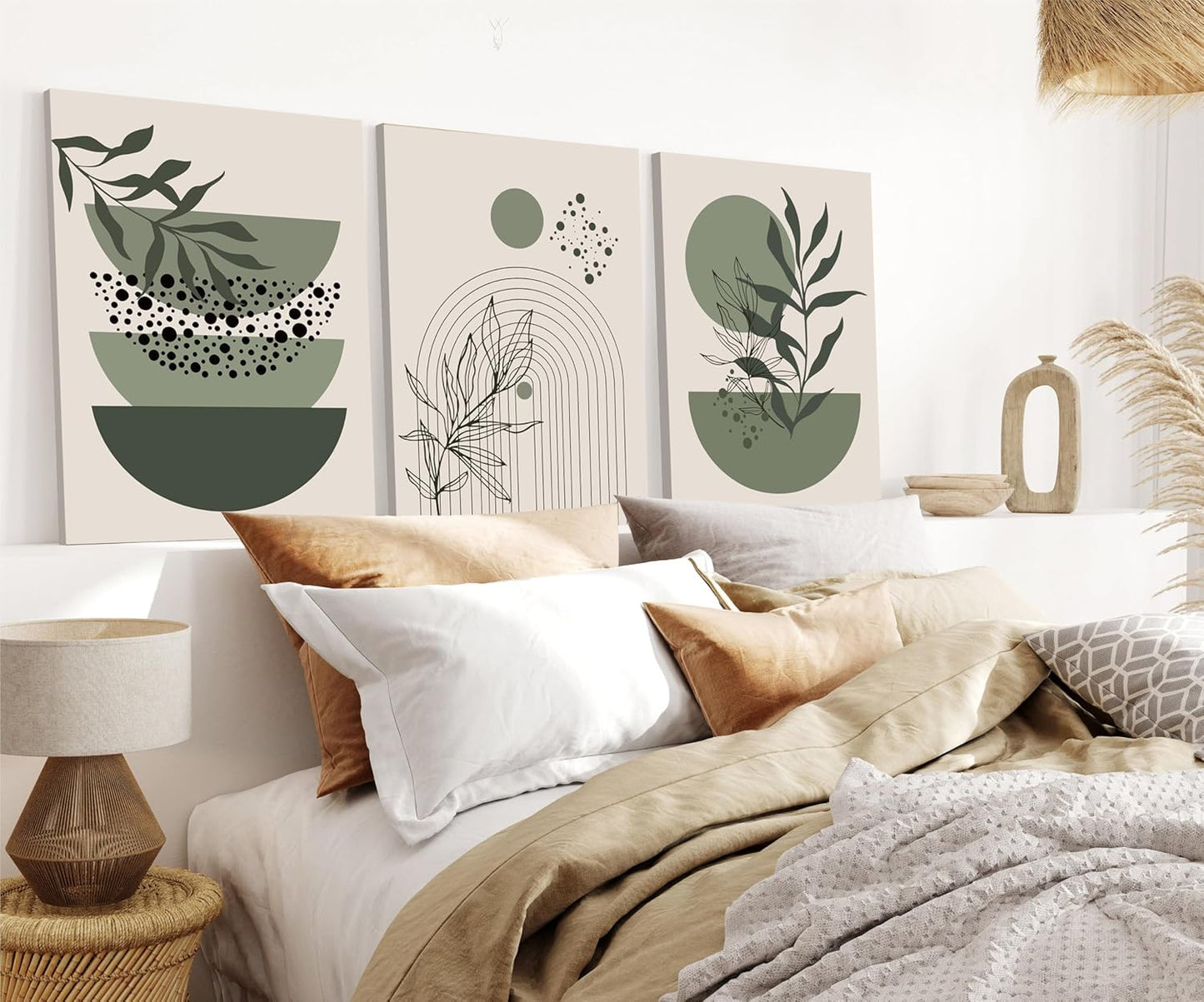 Sage Green Boho Wall Art Set of 3 Abstract Minimalist Geometric Line Poster Green Botanical Leaf Canvas Prints Modern Artwork Painting Decor for Living Room Bedroom Office 16x24 in Framed