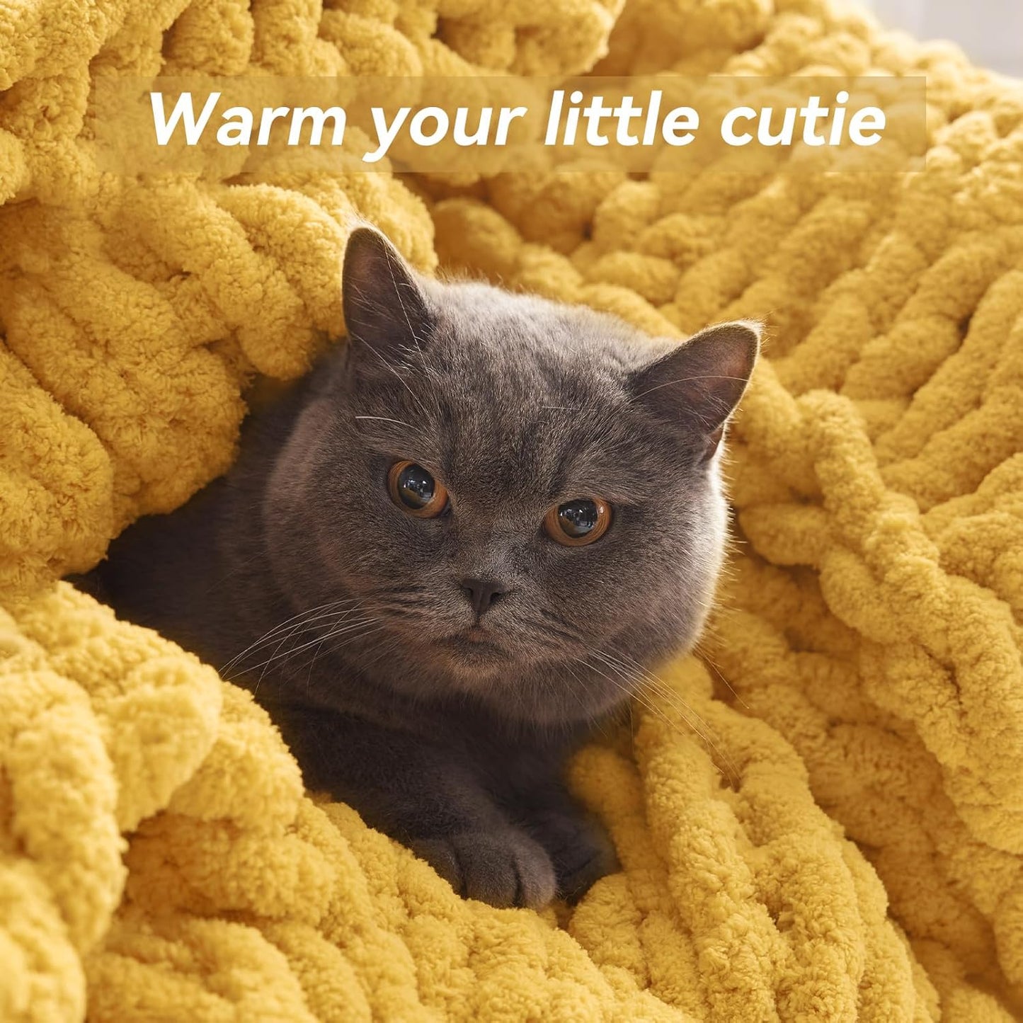 Chunky Knit Throw Blanket, 40''*50'' Knitted Throw Chenille Yarn for Bed Couch, Handmade Yellow Crochet Big Thick Blanket, Machine Washable Cute Comfy Blanket for Home Decor