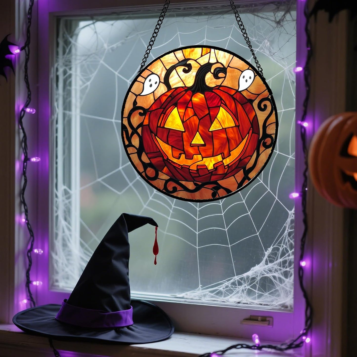 Stained Glass Window Hanging - Halloween Decorations Evil Pumpkin Orange Suncatcher for Doors Garden Indoor Funny Spooky Sun Catchers Gothic Decor Horror Gifts for Women Men Friend 15 in
