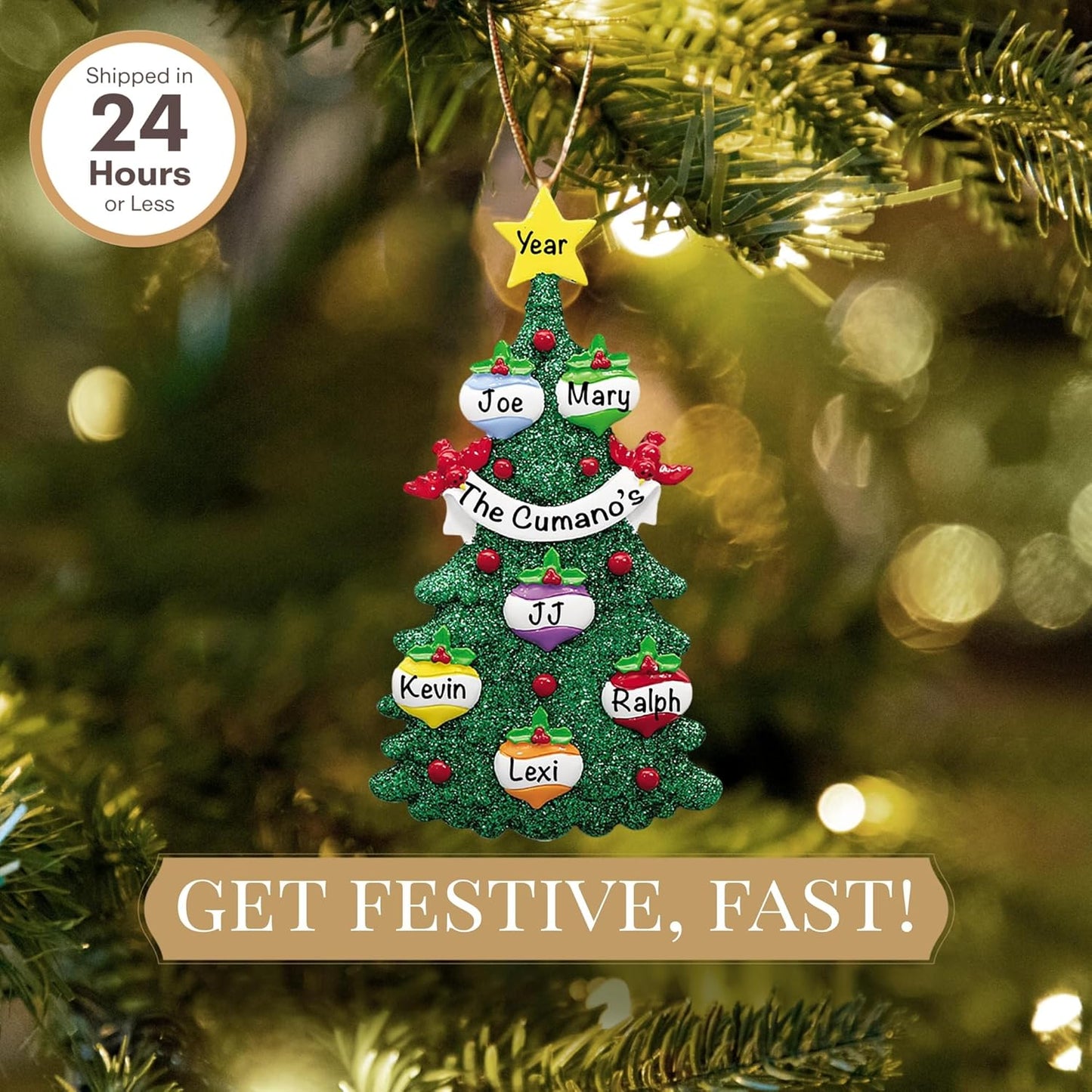 Personalized Family of 6 Ornament 2025 | Free 24h Customization | Christmas Ornaments for Tree | Custom Gift Wrapped Green Glitter Keepsake for Six Persons