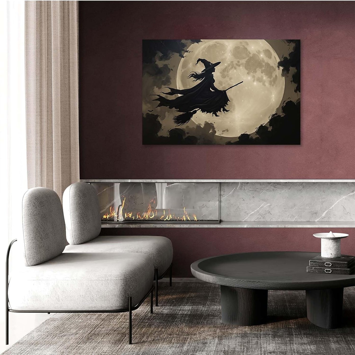 JFHCQJPK Full moon witch silhouette poster witch on magic broom Halloween mural poster decorative mural art suitable for home living room bedroom16x24in Frameless