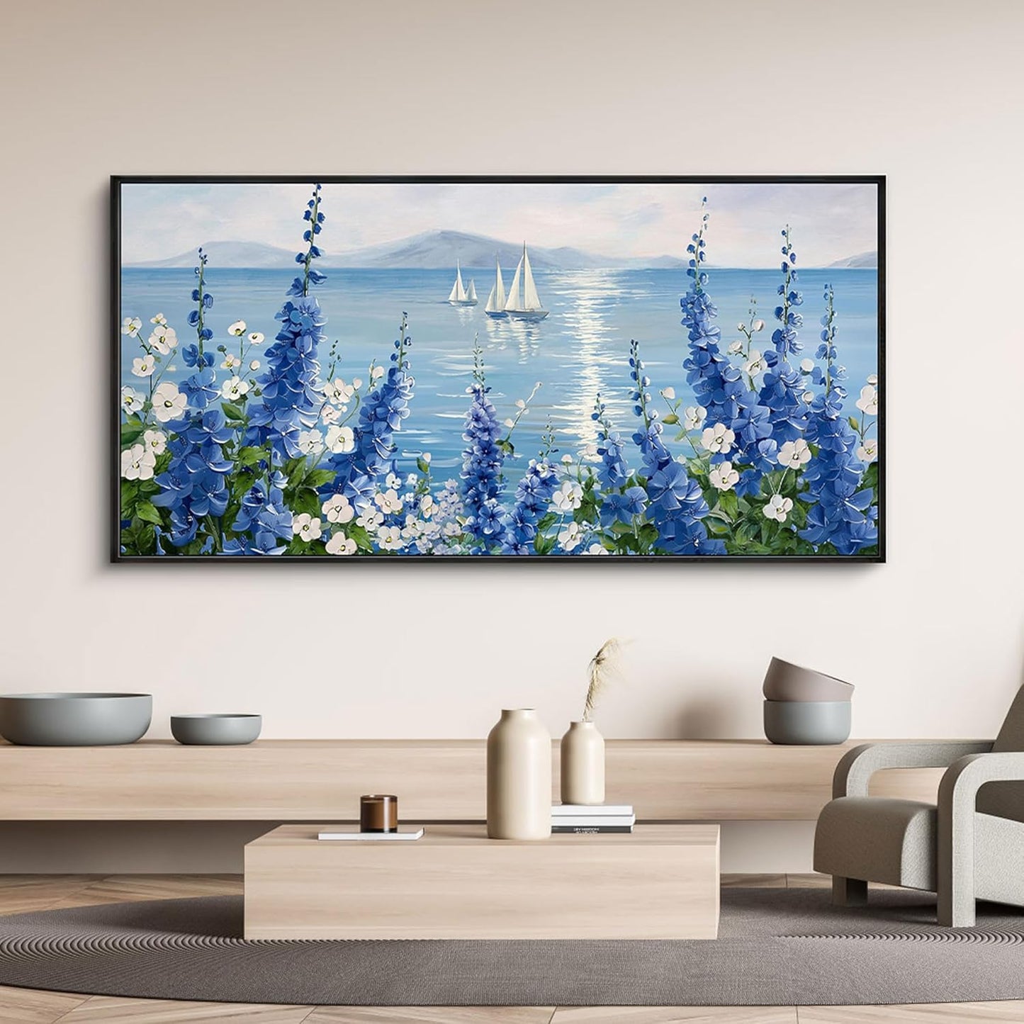 XLSJERST Sailboat Wall Art - Blue Canvas Abstract Painting Textured Picture Artwork Vintage Nautical Flower Painting Coastal Modern Print 20"x40" Frame for Living Room Bedroom Office Home Decoration