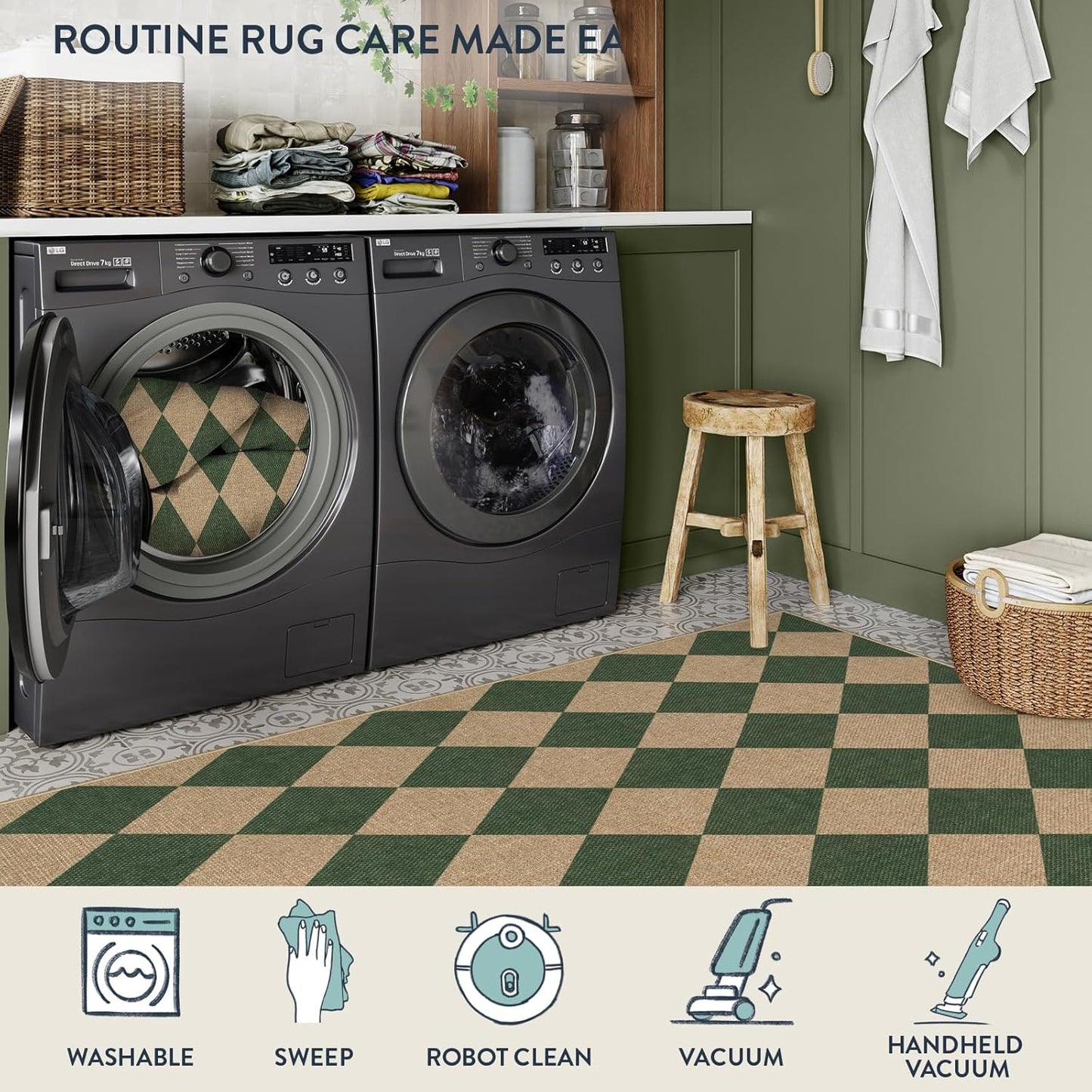 Lahome Checkered Kitchen Runner, 2x8 Easy Jute Runner Rug for Hallway Entryway, Farmhouse Indoor Outdoor Non Slip Non Shedding Green Carpet for Laundry Bedroom Porch Corridor