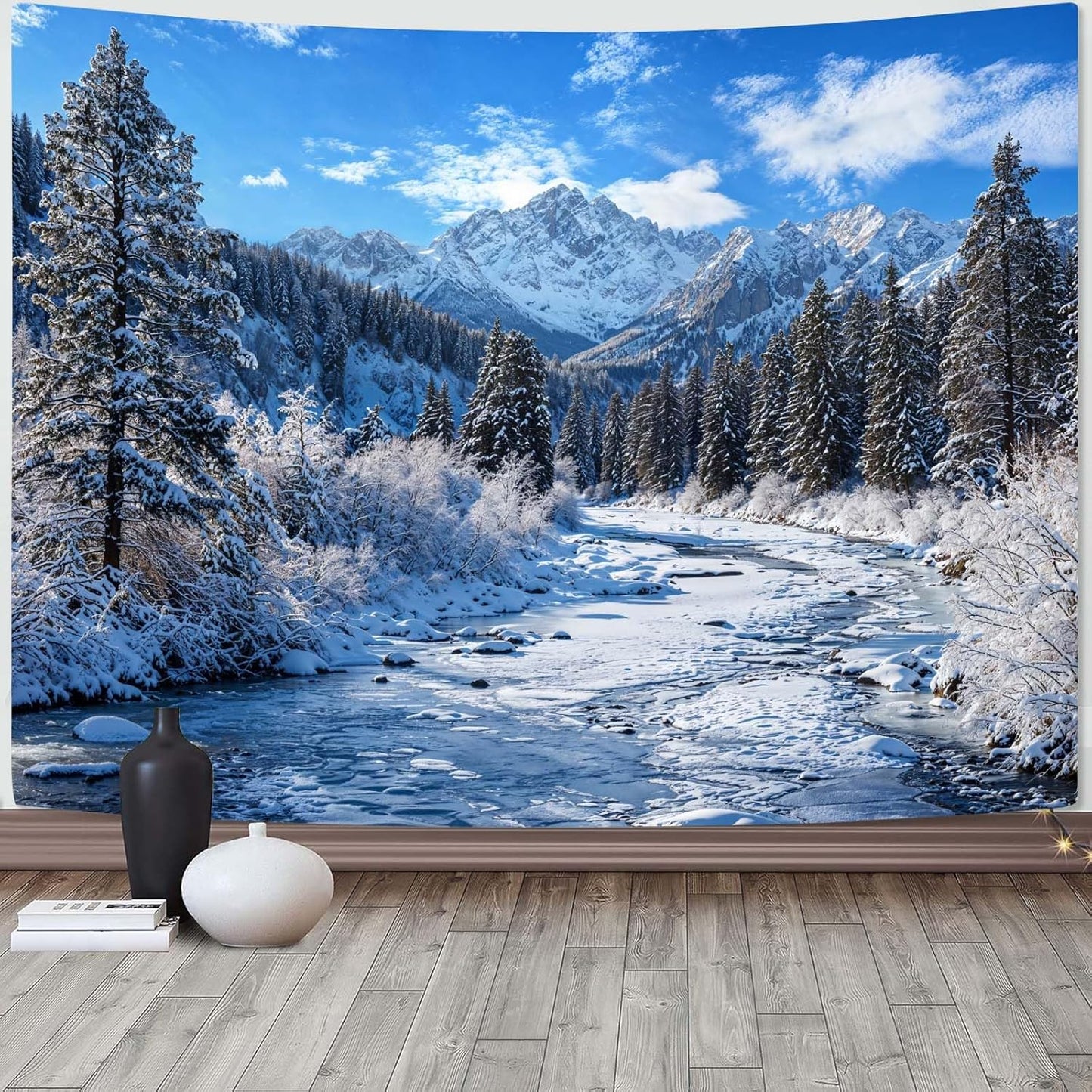 AMM Winter Forest Snow Mountain Tapestry Snowy Pine Tree Woodland Tapestry for Bedroom Aesthetic White Clouds Flowing River Landscape Tapestries Wall Hanging for Living Room Dorm Office 48 x 36 Inch