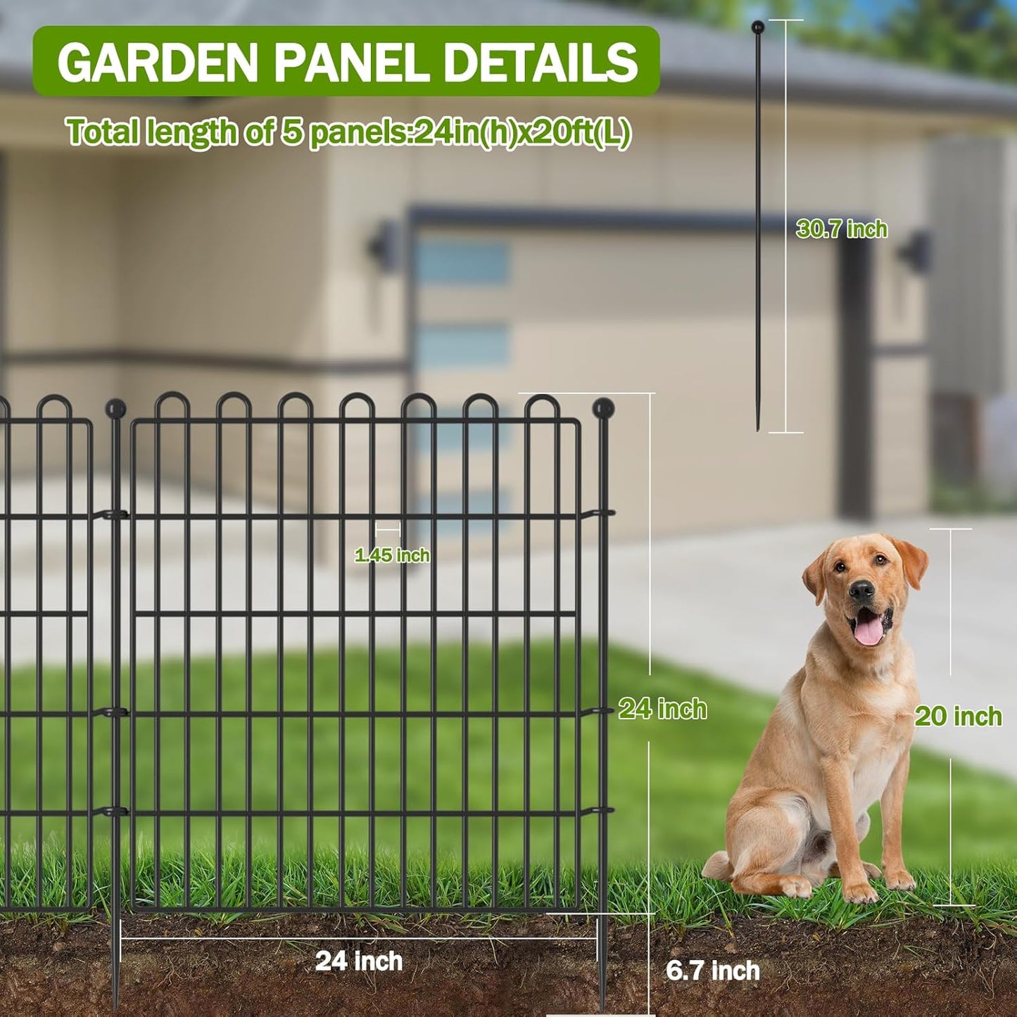 10 Panels No Dig Decorative Garden Fence with Gate for Yard, 24 in(H) X 20 ft(L) Animal Barrier Fencing for Outdoor Dog, Metal Portable Garden Fences for Borders, Pets, Landscape, Temporary Fence