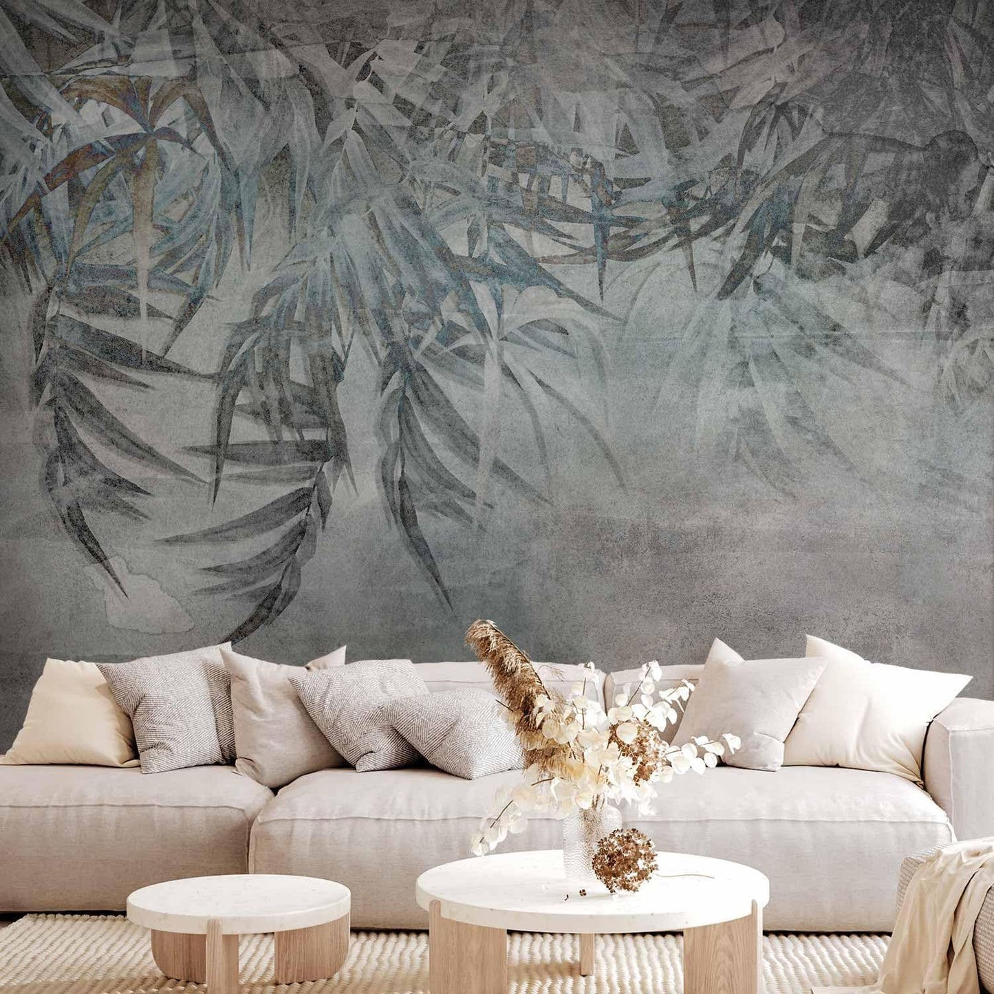 artgeist Wall Mural Leaves 173x124 in - Peel and Stick Self-Adhesive Wallpaper Removable Large Sticker Foil Wall Decor Print Picture Image Design Palm Leaves Concrete Nature Grey b-C-10103-a-a