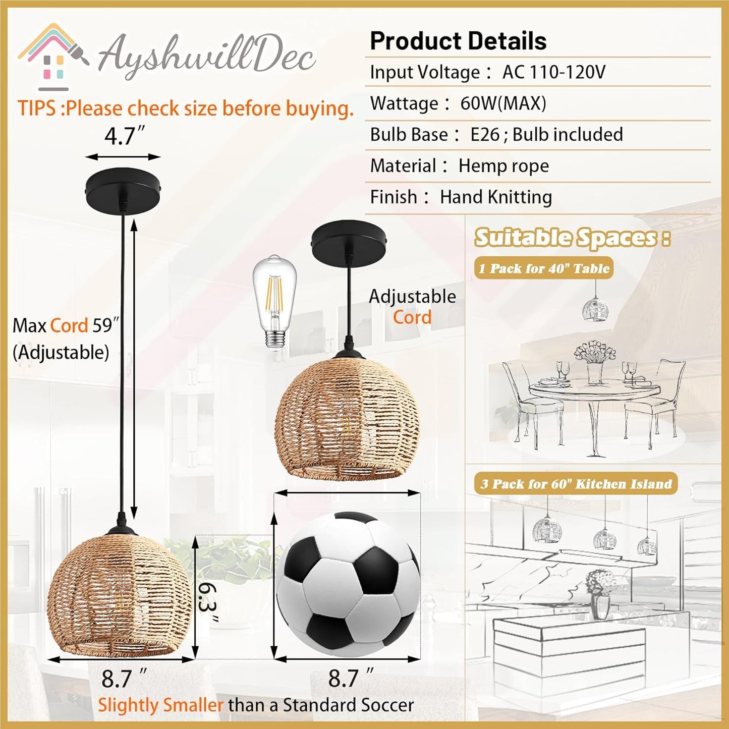 Mini Hemp Rope Woven Pendant Light Woven Light Fixture Boho Chandelier Light Fixture Wicker Pendant Light Rattan Light Pendant Dome Wicker Chandelier for Bedroom Kitchen Island(Bulb Incl.)