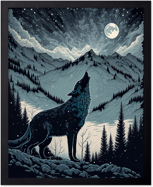 Poster Master Vintage Illustration Poster - Retro Animal Print - Gift for Artist, Friend - Wolf Howling at the Moon, Mountain, Snow, Landscape - Wall Decor for Home, Office, 16x20 Black Framed