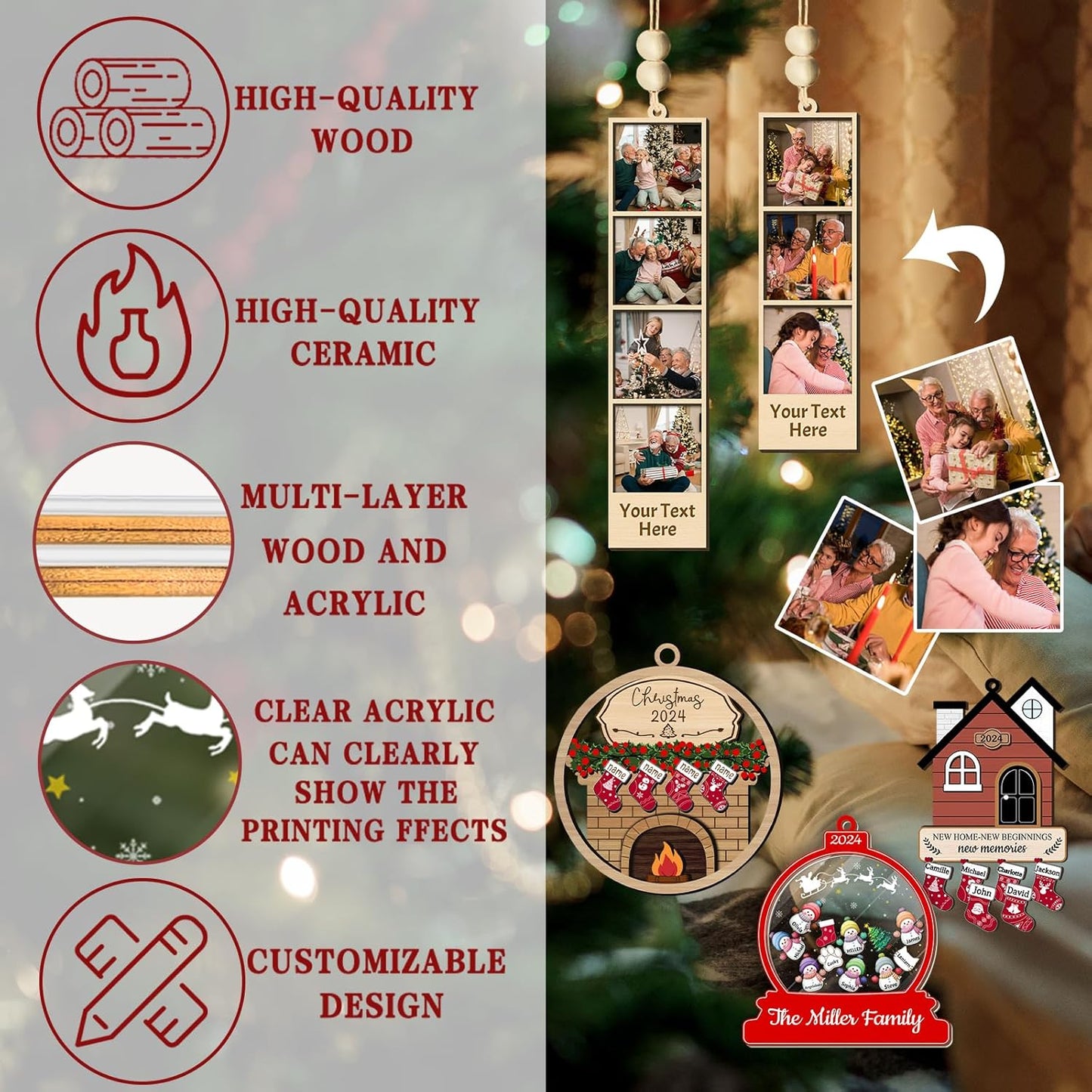 Personalized Christmas Ornaments with Names of 2/3/4/5/6/7/8 Custom Family Ornament Customized Xmas Tree Hanging Ceramic Decoration Gift Stocking