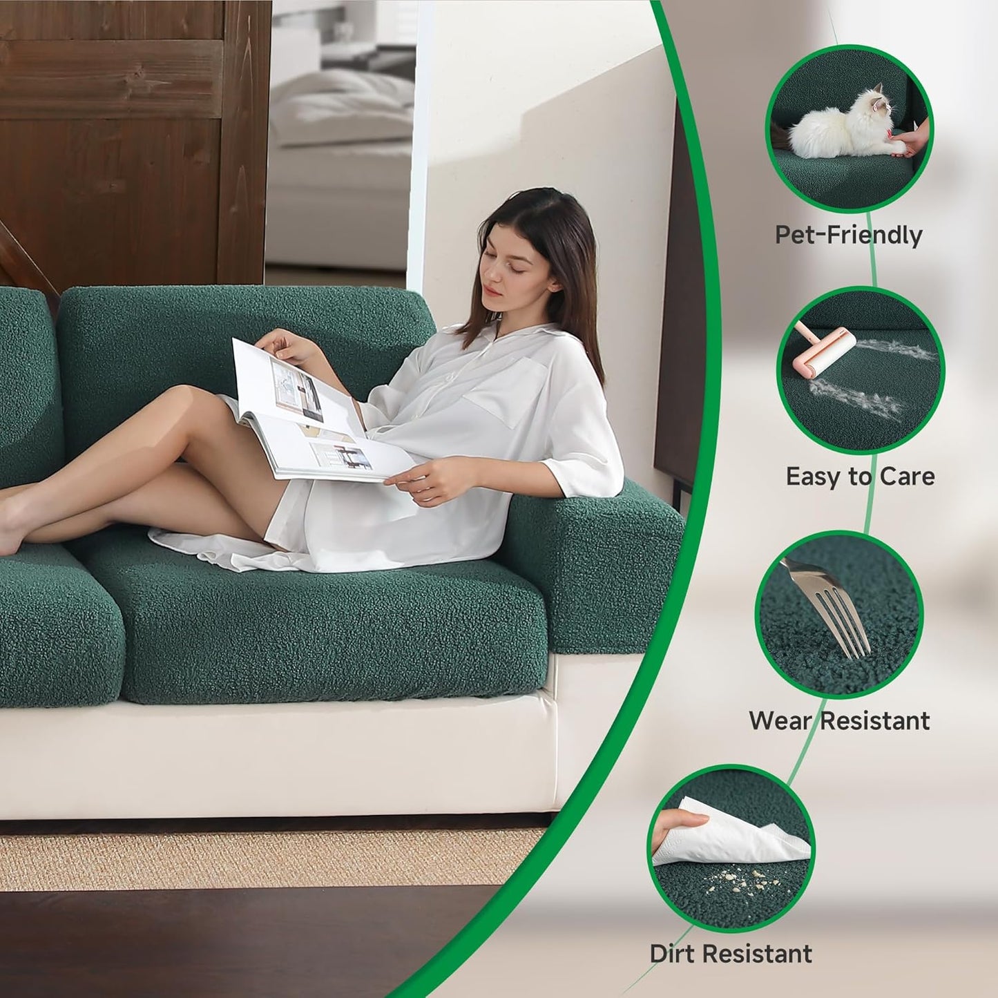 Couch Cushion Covers for Sectional Sofa, Stretch Soft Sofa Slipcovers Washable Wear-Resistant Universal Furniture Protector for Living Room(3 Seaters Covers+1 Chaise Cover, Green)