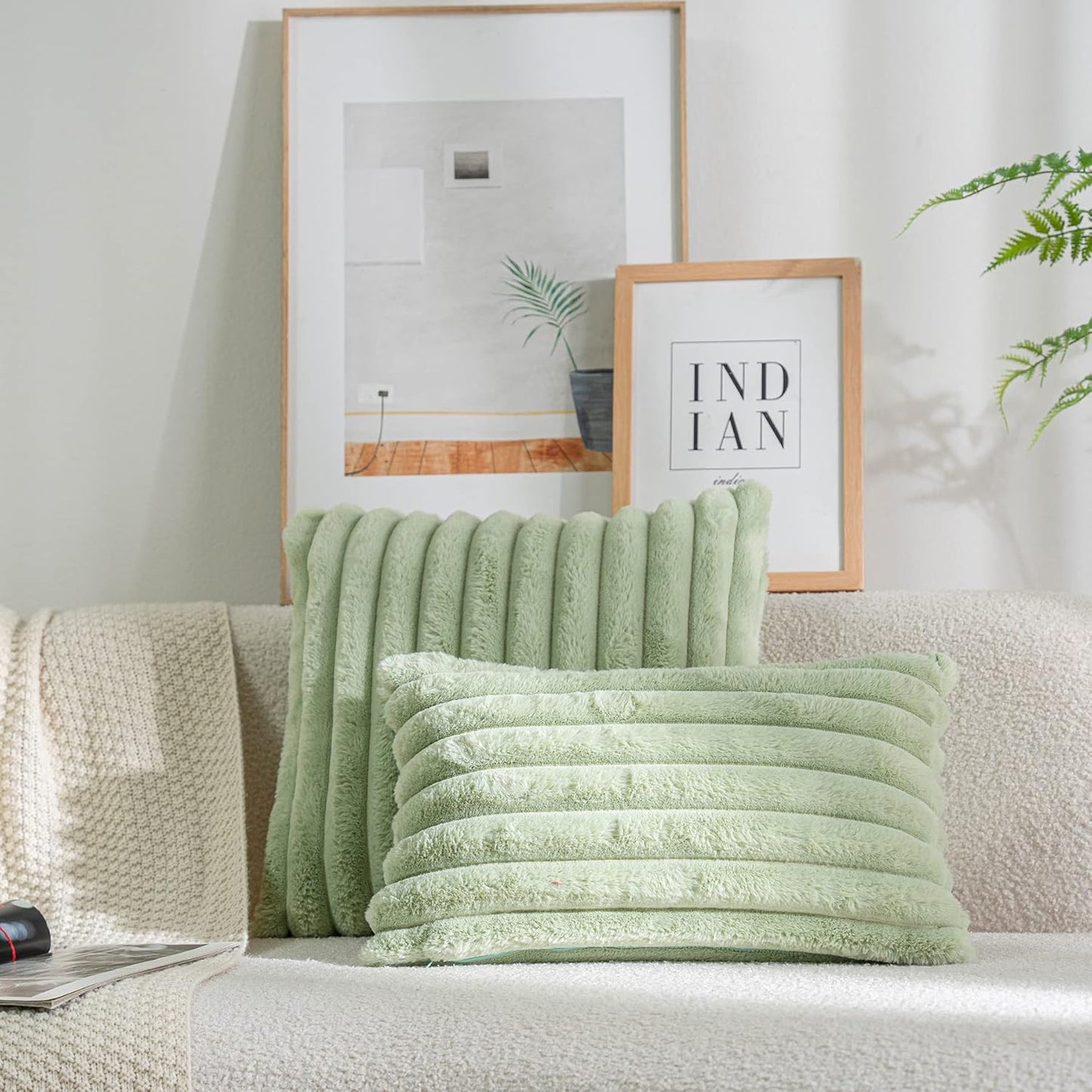DEELAND Pack of 2,Double-Sided Faux Fur Plush Decorative Throw Pillow Covers Fuzzy Striped Soft Pillowcase Cushion Covers for Sofa Couch Bedroom Green 22x22 inch