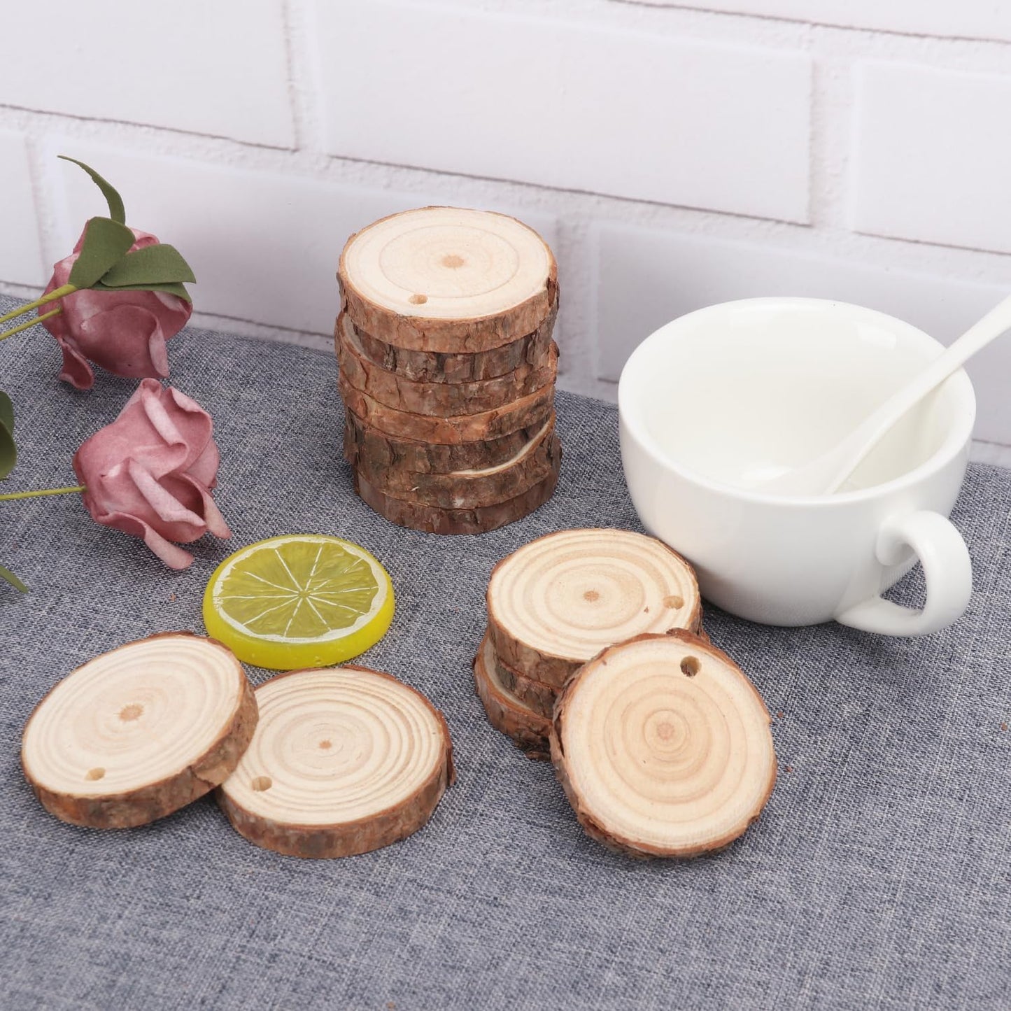 100 PCS 2 Inch - 2.4 Inch Small Wood Slices, Mini Wood Slices with Hole for DIY Arts Craft Christmas Ornaments